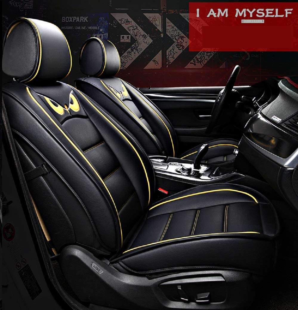 Premium OWL PU Leather Car Seat Covers Full Set (5 Seats) - Waterproof Front & Back Seat Protectors for Most Cars & SUVs | Includes 2 Lumbar Pillows, 2 Headrest Cushions & Steering Wheel Cover (Black-Yellow) | Perfect for Road Trips, Daily Commuting & Family Protection