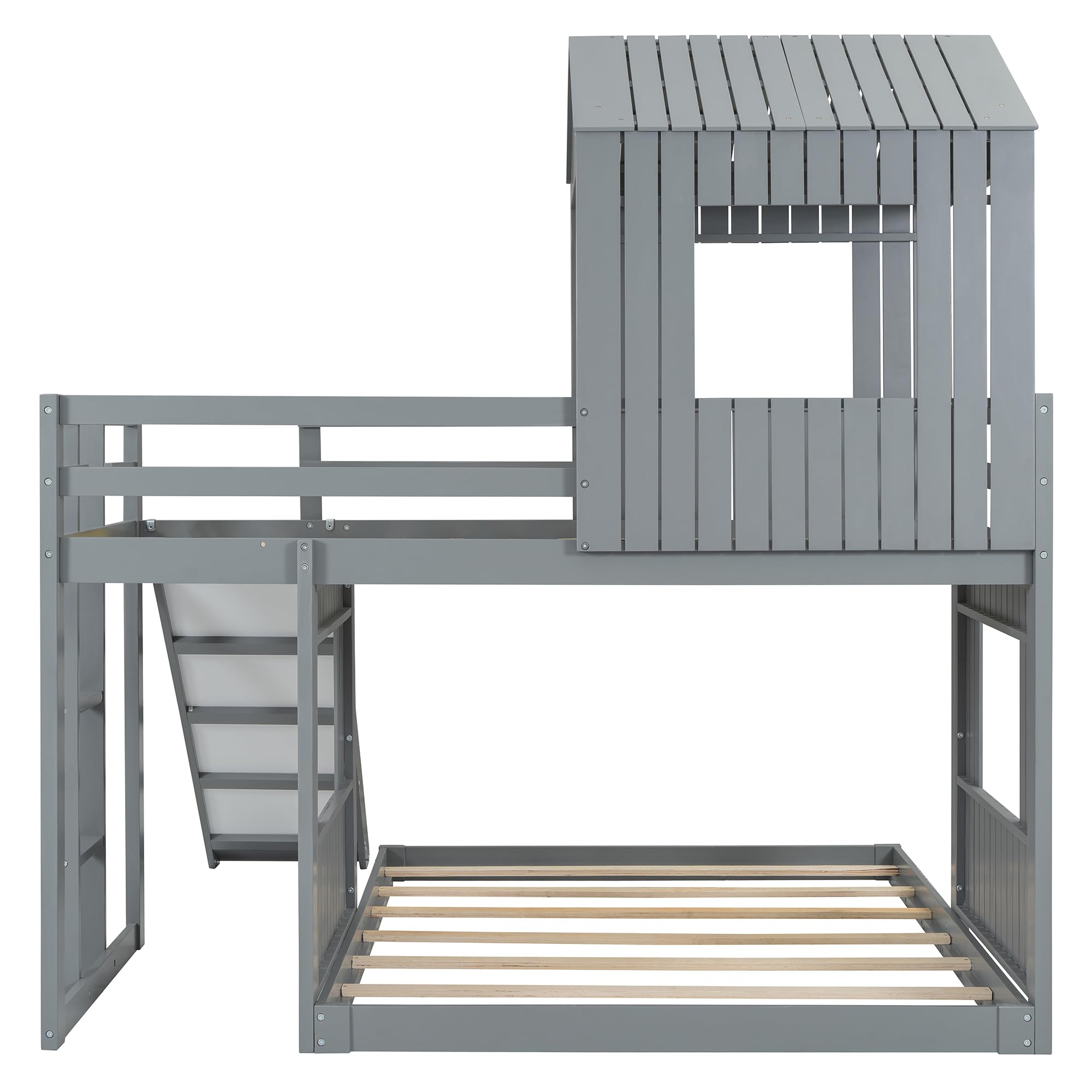 **MERITLINE Twin Over Full Bunk Bed with Slide & Playhouse Design - Wooden Kids Bunk Bed with Roof, Windows & Ladder - Gray - Perfect for Boys & Girls Bedroom, Playroom or Small Space**    (Note: The original title was already in English, so no translation was needed. The optimized version improves readability, adds relevant keywords, and includes usage scenarios like 