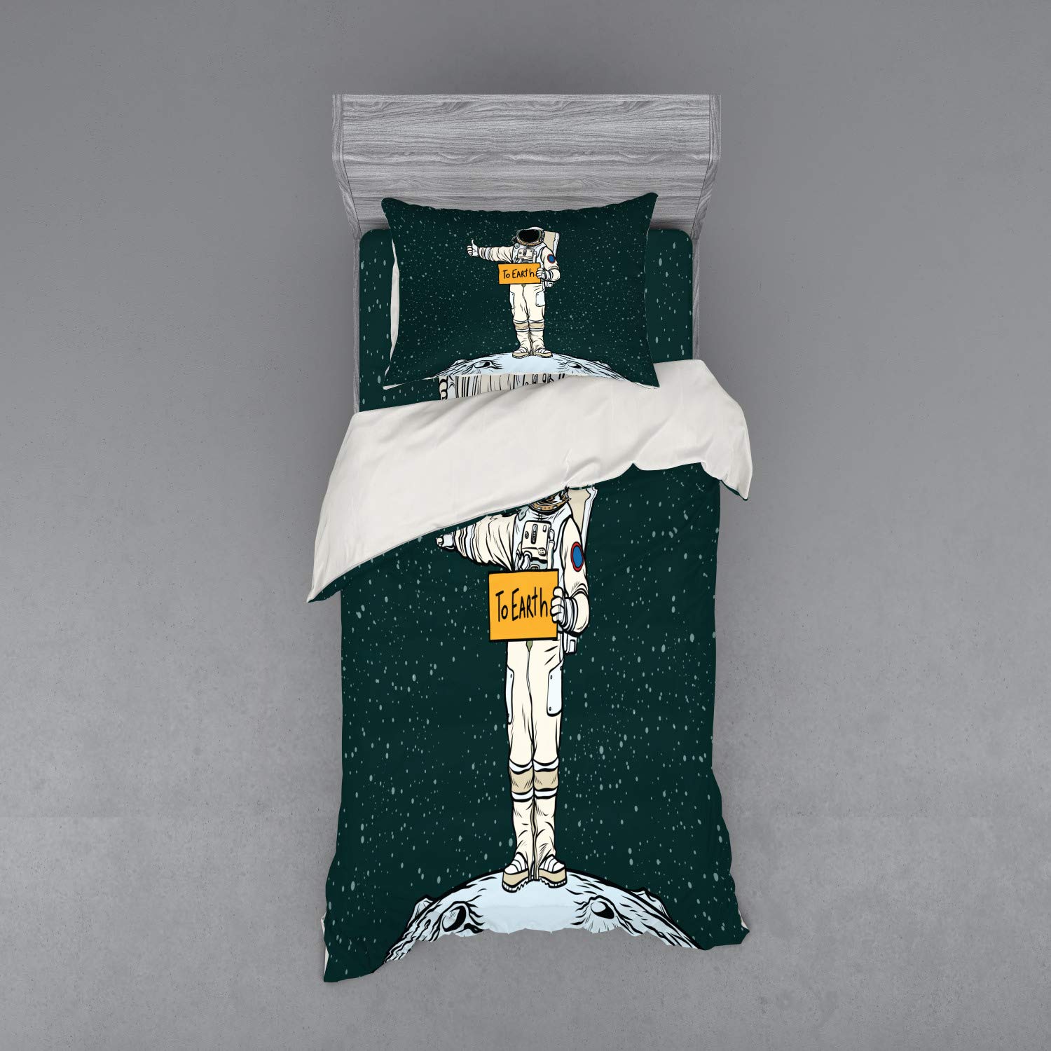 Ambesonne Funny Astronaut Hitchhiking Duvet Cover Set - 3 Piece Bedding with Sham & Fitted Sheet, Twin Size, Space Travel Planets Design - Perfect for Kids' Room, Space-Themed Bedroom Decor & Sci-Fi Lovers