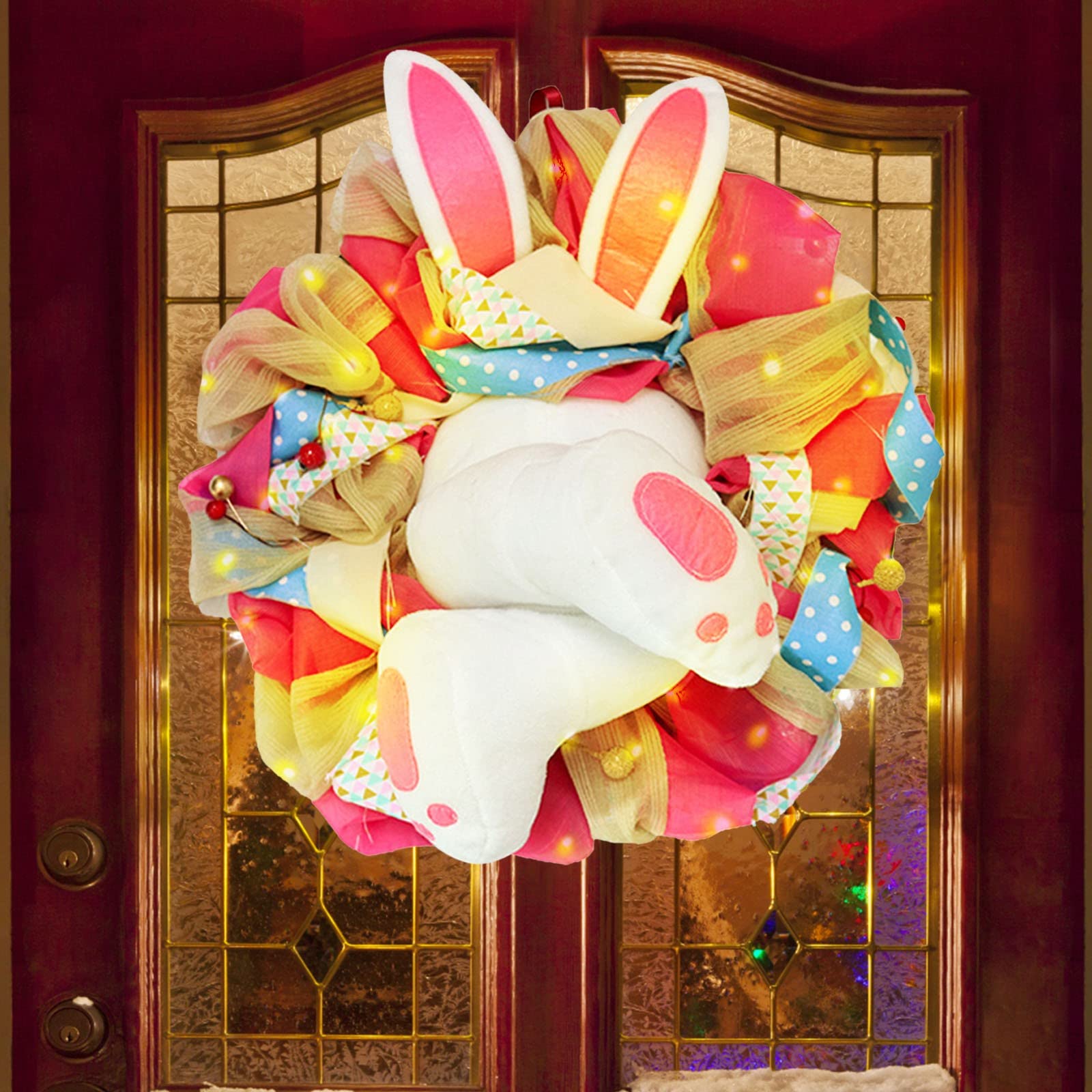 LED Easter Bunny Wreath with Lights - Spring Rabbit Door Decor for Front Door, Wall & Window - Indoor/Outdoor Hanging Welcome Sign for Easter Decorations (Perfect for Home, Porch, Garden Party & Holiday Festivities)