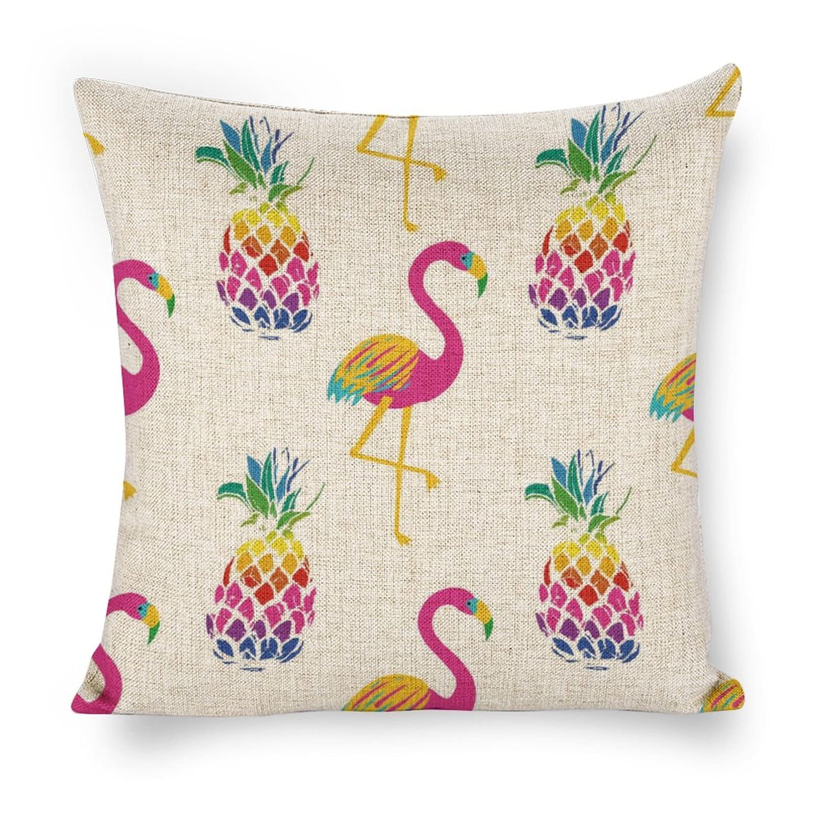 WoBnay Bright Flamingo Farmhouse Pillow Covers - 18x18 Inch Cotton Linen Square Pineapple Cushion Covers for Sofa, Bed, Home Decor - Perfect for Living Room, Porch & Coastal Style Bedrooms