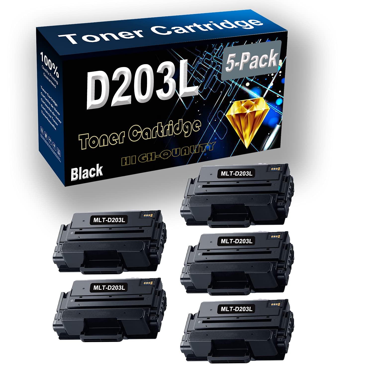 5-Pack Black High-Yield MLT-D203L Compatible Toner Cartridge for Samsung M3370FD M3870FW M4070FR M3320ND M3820DW M4020ND Printers - Ideal for Office & Home Printing, Bulk Printing Solutions, Laser Printer Supplies