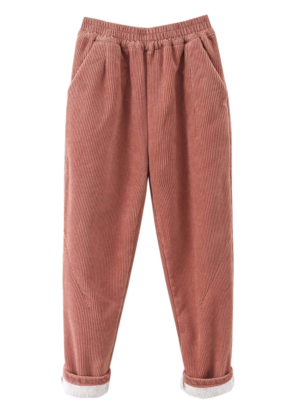 Flygo Women's Casual Thick Fleece Sherpa Lined Corduroy Pants - Warm Winter Elastic Waist Sweatpants for Lounge, Travel & Outdoor Activities