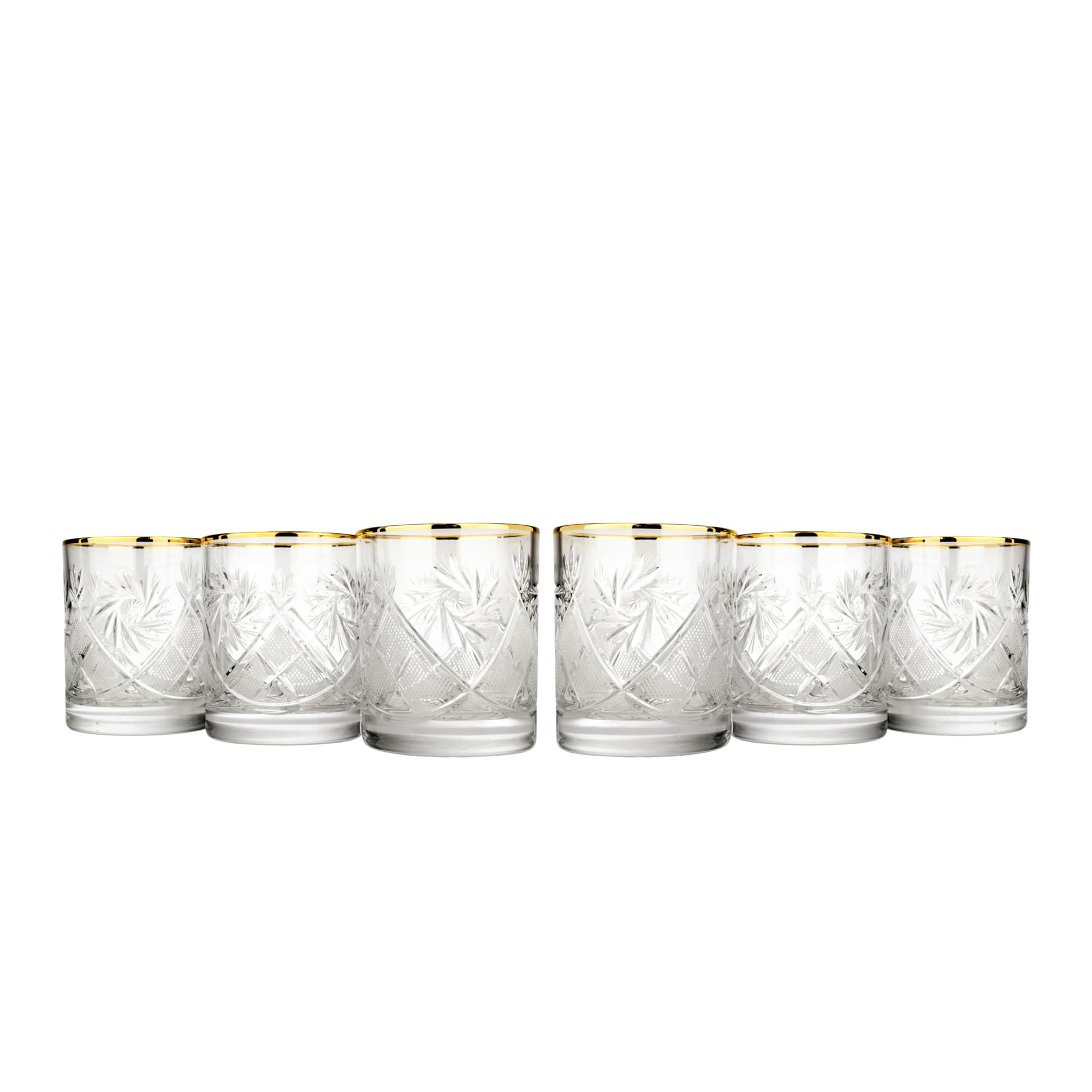 Premium Russian Cut Crystal Whiskey Glasses Set of 6 - 11oz (330ml) Gold Rim Elegant Drinking Glasses for Bourbon, Scotch & Cocktails - Perfect for Home Bar, Dinner Parties & Wedding Gifts