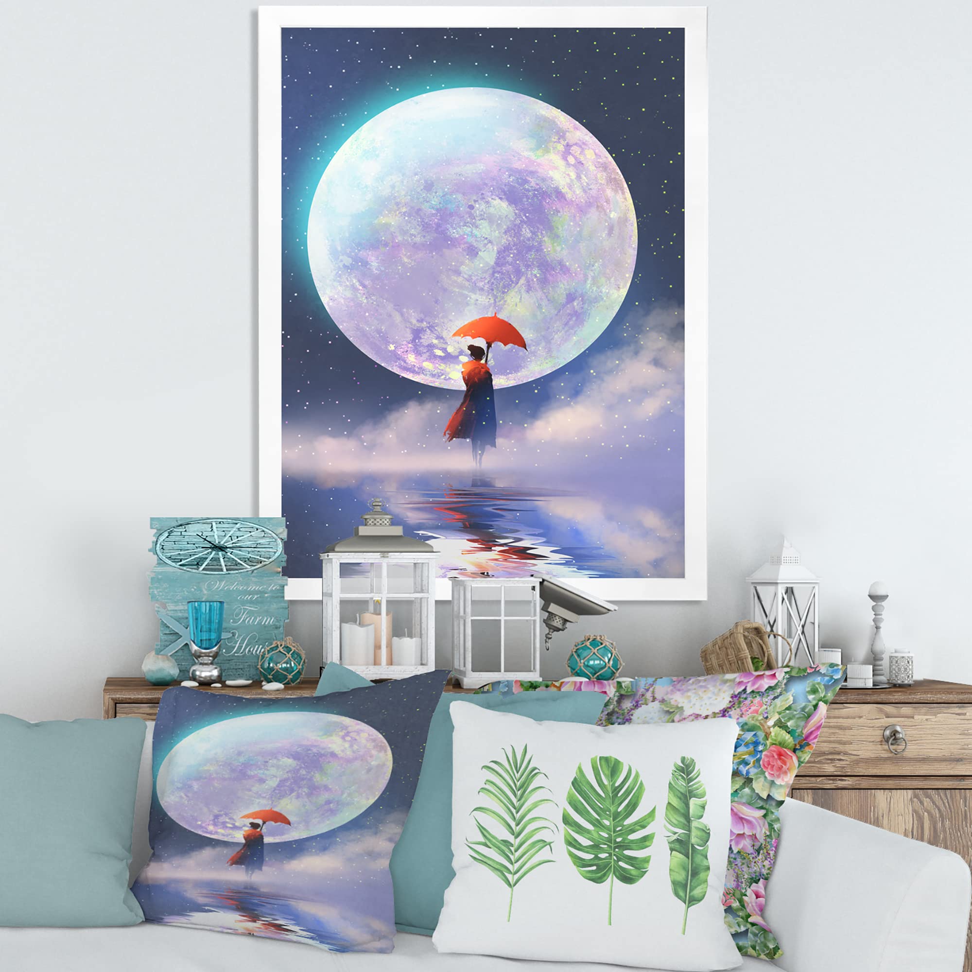 DesignQ Traditional Framed Wall Art - Woman with Umbrella Standing on Water Against Moon - Elegant Home Decor for Living Room, Bedroom & Office