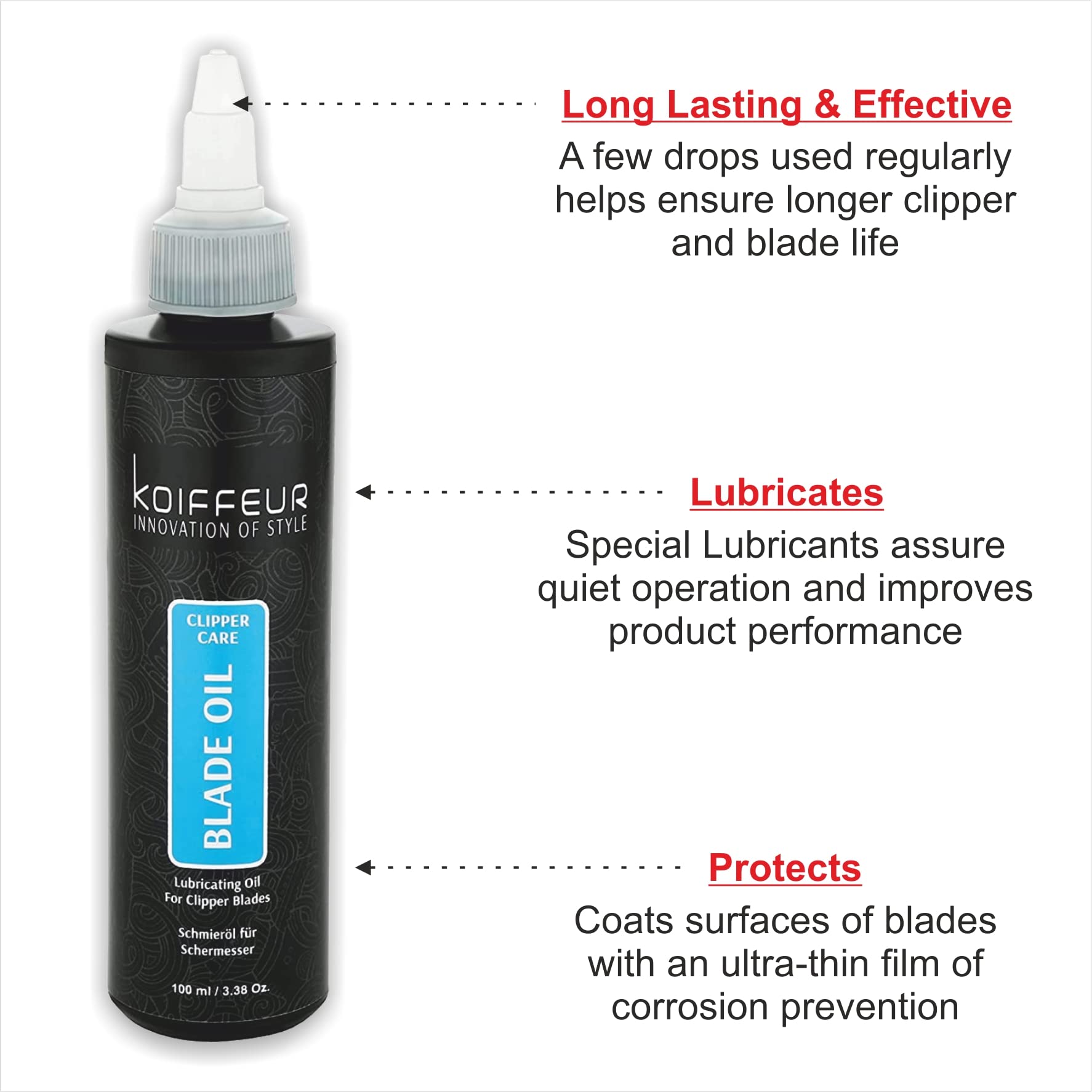 Koiffeur Professional Clipper Blade Oil Lubricant 100ml - Hair Trimmer Maintenance Oil for Barbers & Home Use | Extends Blade Life & Improves Cutting Performance