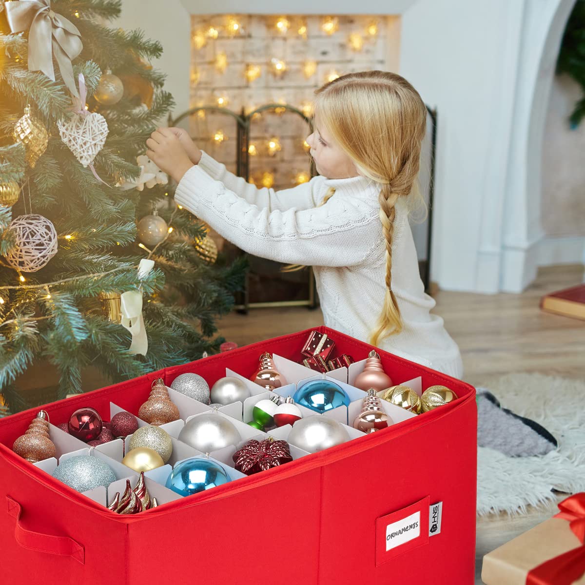 Christmas Ornament Storage Box - Heavy Duty 600D with Dividers for Holiday Decor Protection (Red) - Perfect for Seasonal Decor Organization