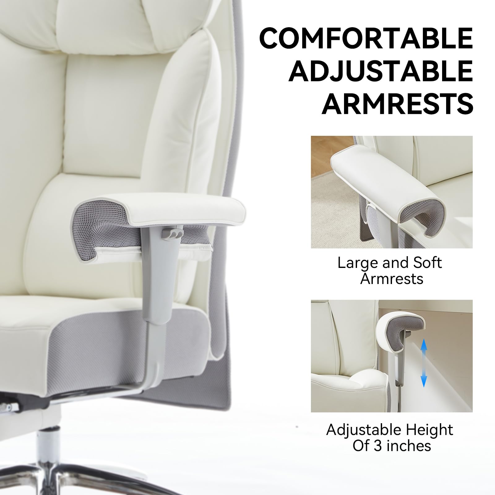 Efomao Big and Tall Office Chair 450lbs - Heavy Duty Ergonomic Executive Desk Chair with Adjustable Footrest & High Back Support - White PU Leather Computer Chair for Home Office, Gaming, and Workspaces