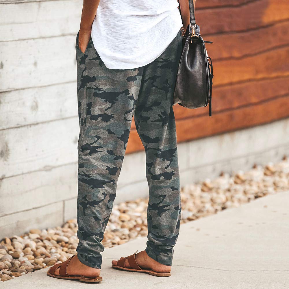 JOFOW Women's Camo Wide Leg Pants - High Waist Drawstring Strappy Casual Loose Long Straight Sweatpants for Yoga, Workout, Lounge & Streetwear Fashion