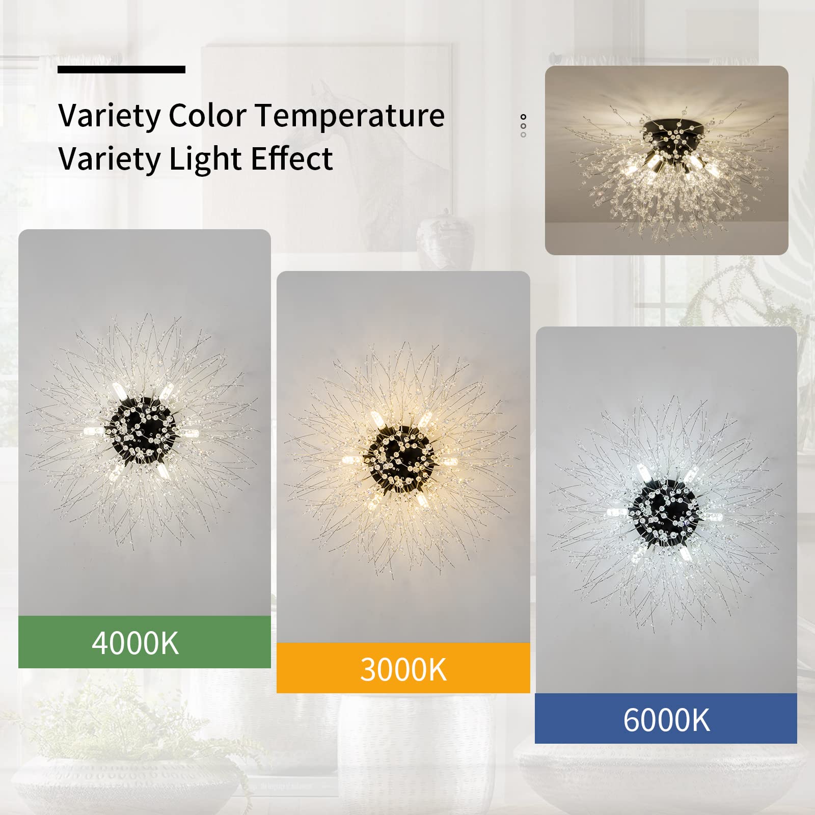 Modern Black Semi Flush Mount Ceiling Light Fixture - 6-Light Crystal Sputnik Firework Design, Close-to-Ceiling Lighting for Bedroom, Kitchen, Hallway, Entryway & Closet (Matte Black) - Perfect for Contemporary Home Decor & Ambient Lighting