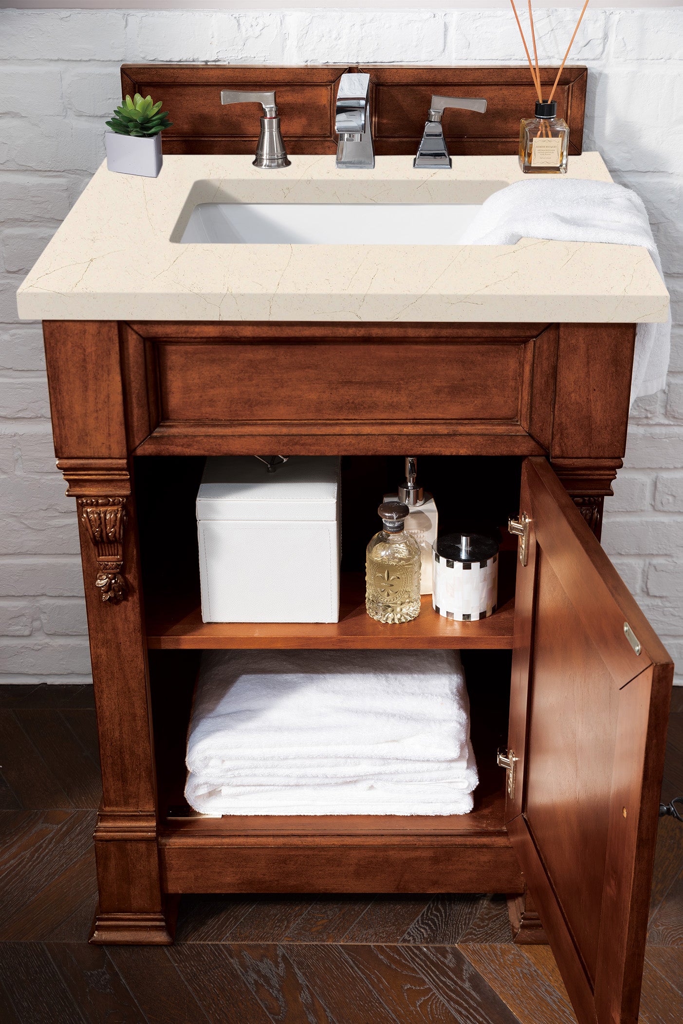 Brookfield 26 Inch Single Bathroom Vanity with Warm Cherry Finish & 3CM Eternal Marfil Quartz Countertop - Perfect for Small Bathrooms, Powder Rooms & Modern Home Renovations