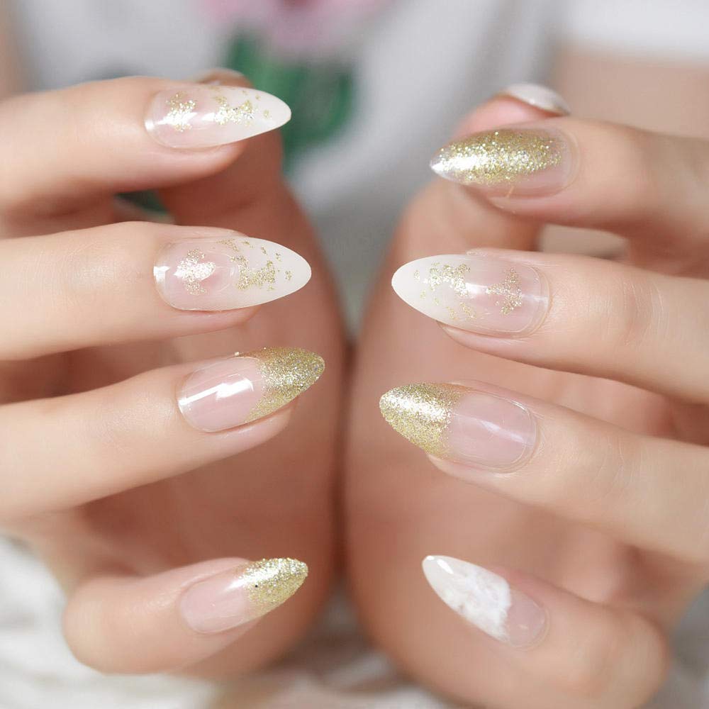 Elegant French Tip False Nails - White & Gold Almond Oval Fake Nails for Daily Wear, Party & Special Occasions | Easy DIY Nail Art Tips