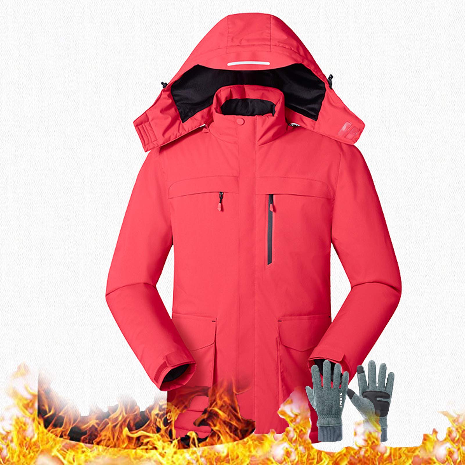 WANGZAI Men's Heated Jacket with Hood - Windproof, Reflective, Washable Winter Coat with Cashmere Lining | Radiation-Free Heating for Skiing, Camping & Motorcycle Riding (Red, Large)