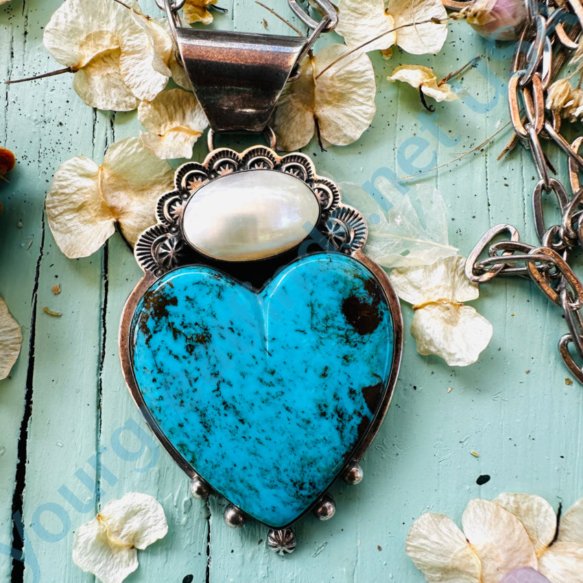 Sterling Silver Native American Turquoise Heart & Blister Pearl Necklace - Handmade Southwest Jewelry for Women, Perfect for Boho Fashion, Weddings & Special Occasions