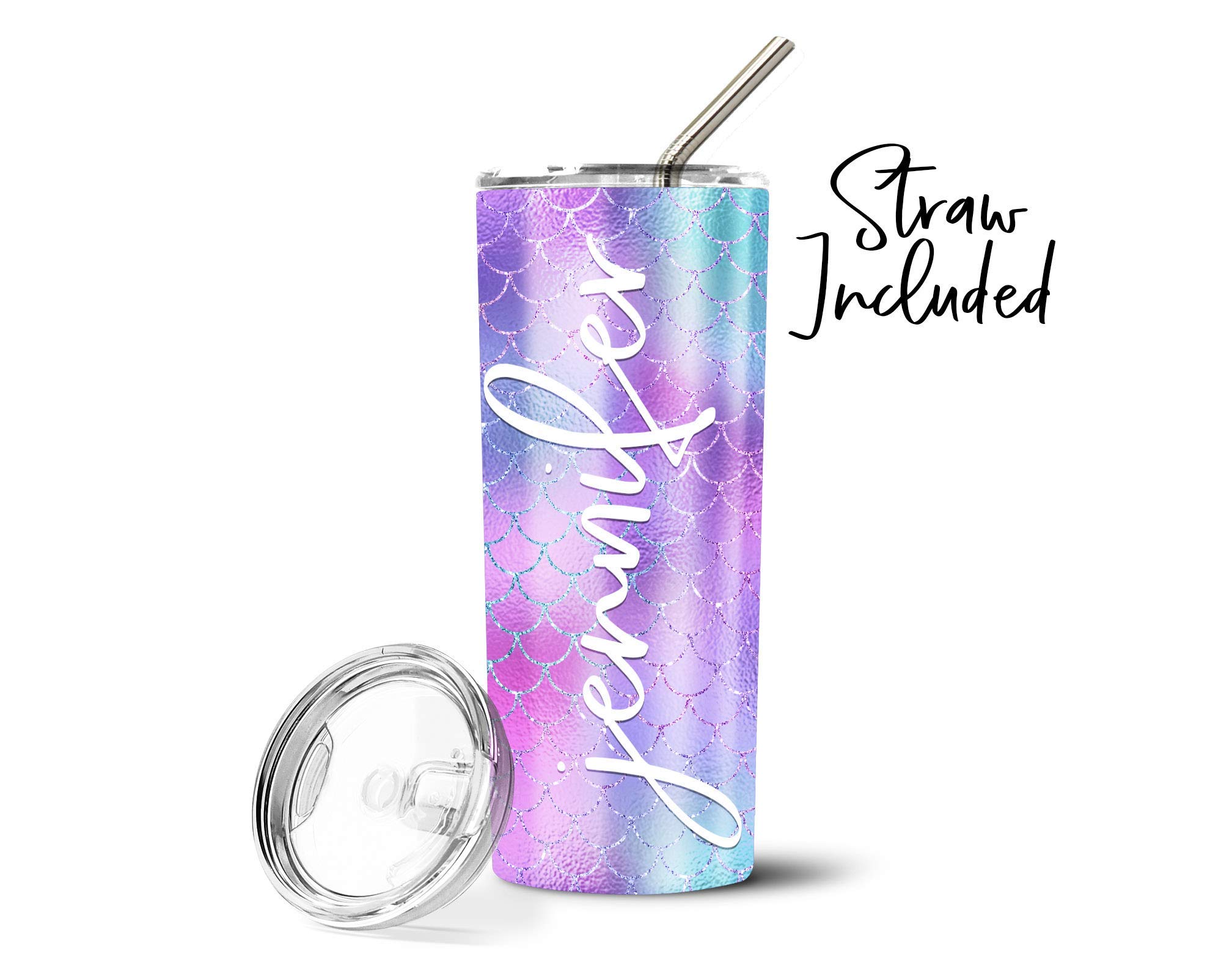 Personalized Stainless Steel Mermaid Print Water Bottle with Metal Straw - 20oz Insulated Tumbler for Hot & Cold Drinks - Perfect for Beach, Gym, Office & Outdoor Activities