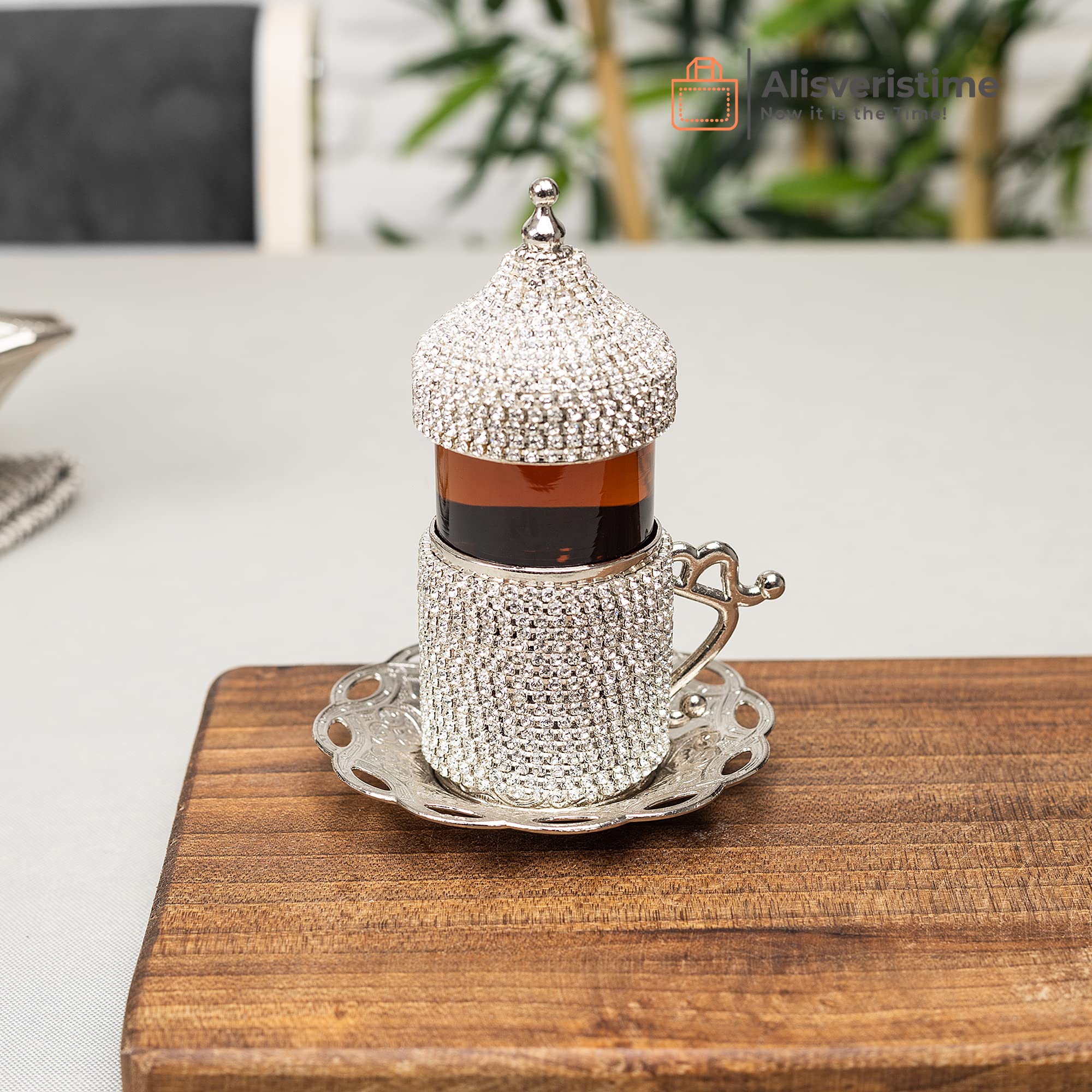 Premium Turkish Tea Glass Set with Crystal Embellishments - 6-Piece Set with Zamak Holders & Saucers (Silver) - Perfect for Home, Office & Traditional Tea Ceremonies