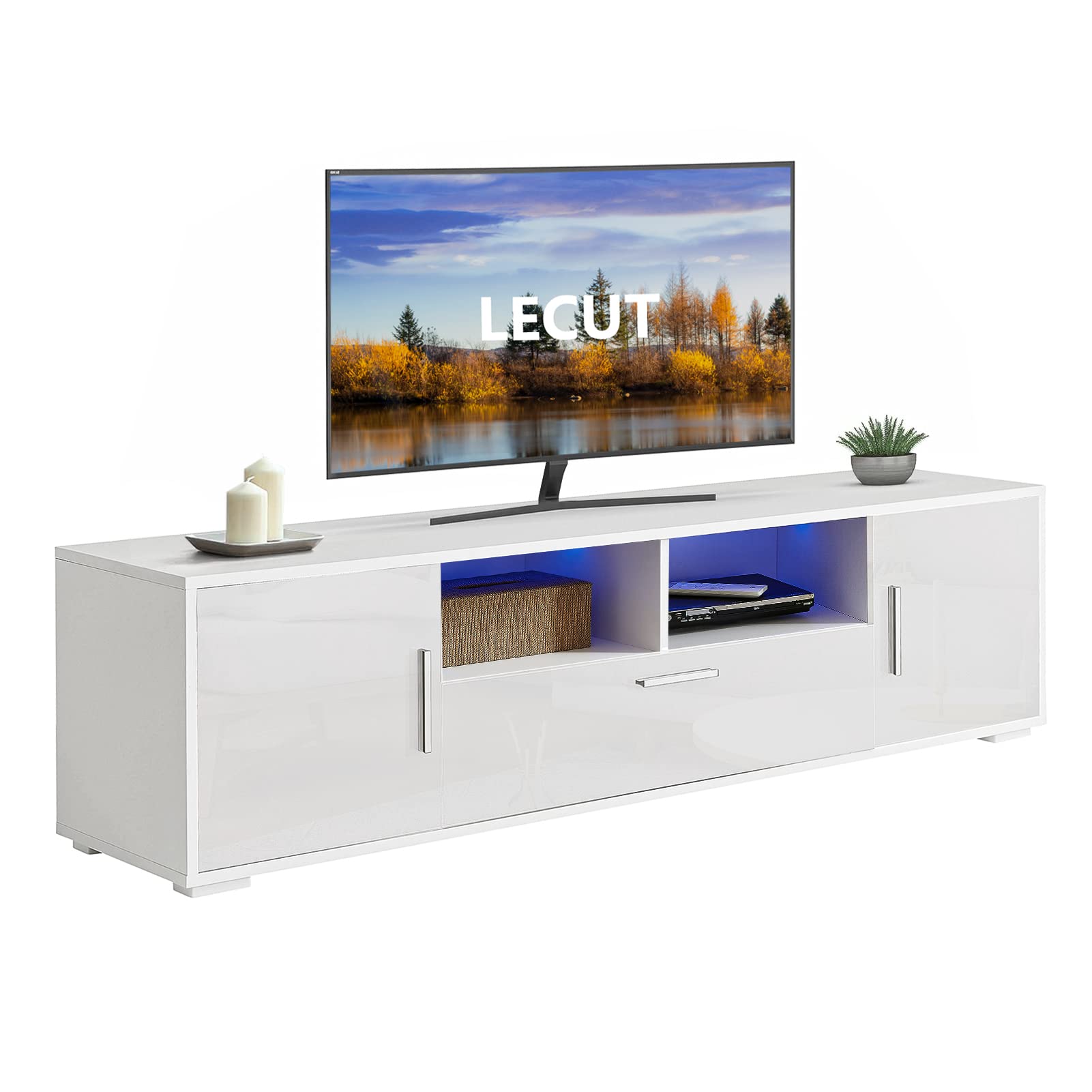 65 Inch LED TV Stand with Storage - High Gloss White Entertainment Center & TV Console Table for Living Room & Bedroom - Perfect for Home Theater Setup & Media Organization