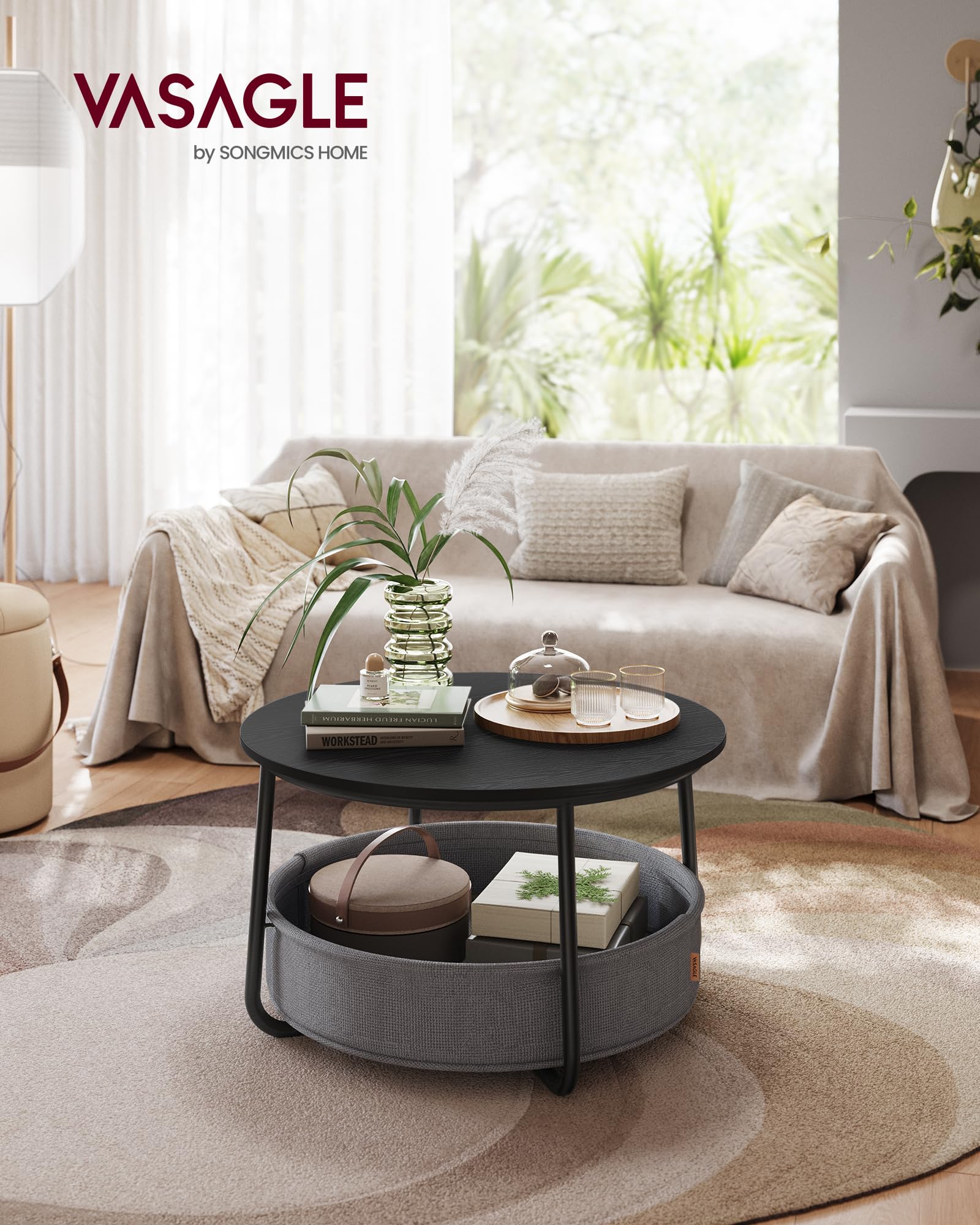 VASAGLE Round Coffee Table with Storage, Metal Frame - for Living Room & Home Decor
