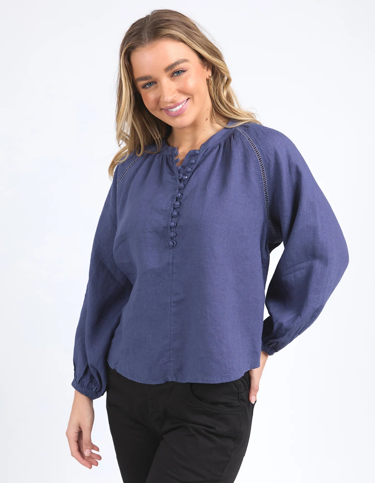Sardinia Deep Blue Long Sleeve Button Front Blouse for Women - Elegant Office Wear & Casual Outfit