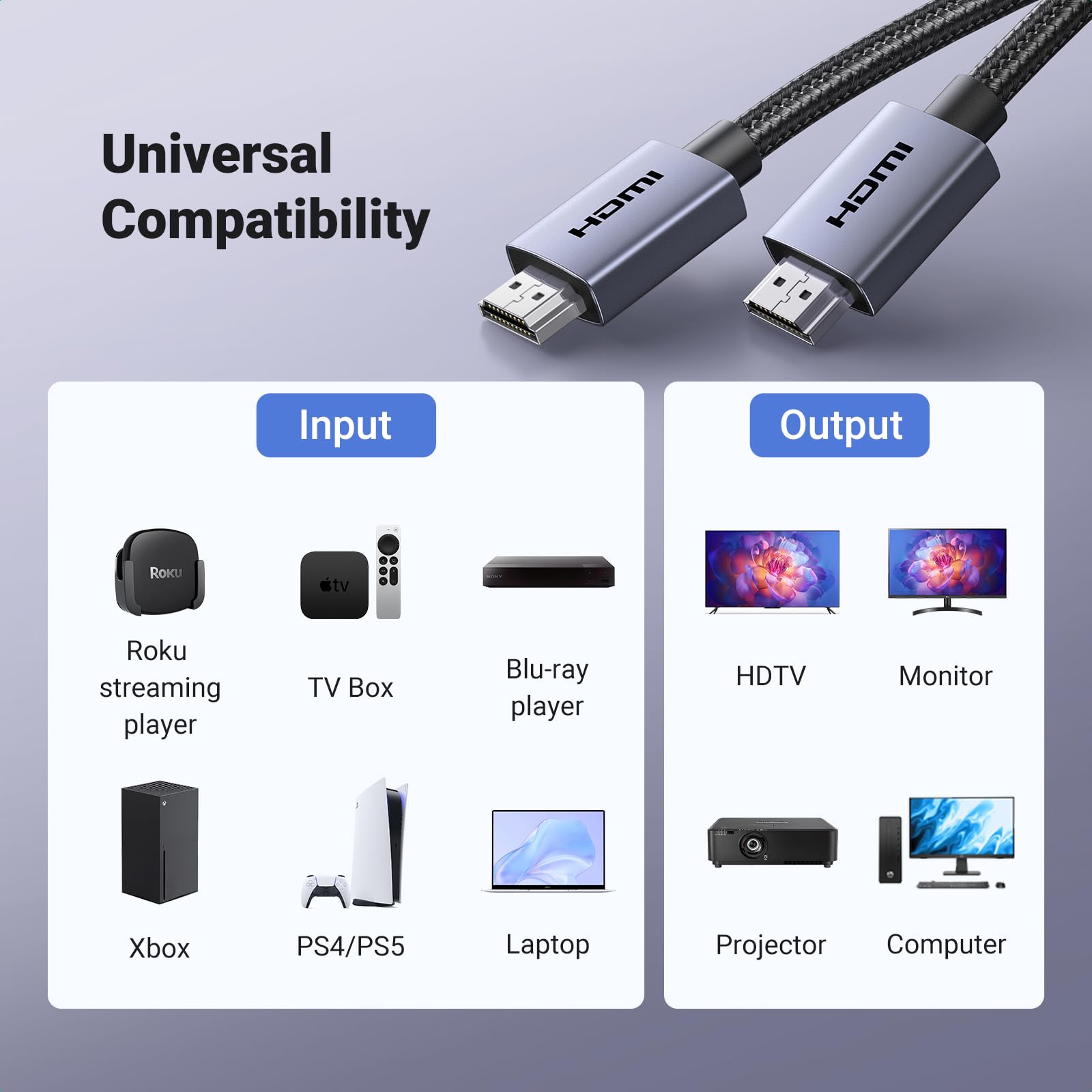 UGREEN HDMI Cable 4K@60Hz 1440P@144Hz 1080P, 6ft High Speed HDMI 2.0 Cable with ARC, HDR, Dolby Atmos, HDCP 2.2, Ethernet 18Gbps - Compatible with PS5, PS4, Xbox, Soundbar, TV, Gaming Monitor, PC, Laptop, Sky Q, DVD Player - Perfect for Home Theater & Gaming Setup