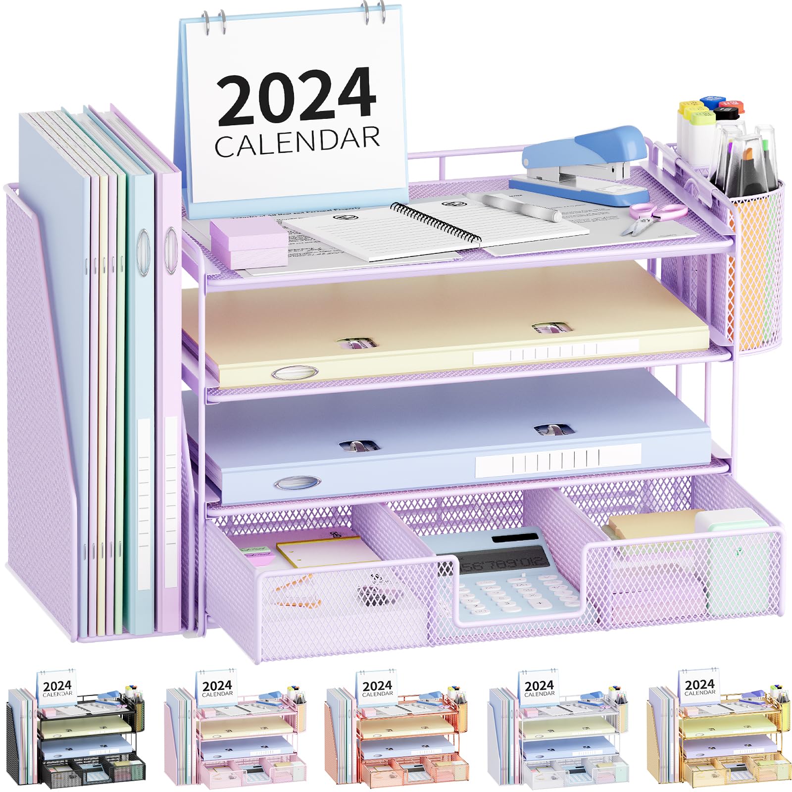 Purple 4-Tier Letter Tray Organizer with 2 Pen Holders - Desk File Organizer, Paper Clip Holder & Office Supplies Accessories for Home, Office & School Use