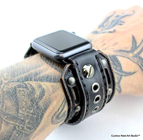 Premium Black Leather Apple Watch Band - Genuine Leather Cuff Strap Compatible with Apple Watch 38mm/42mm (Series 1-8) - Perfect for Business, Casual & Formal Occasions