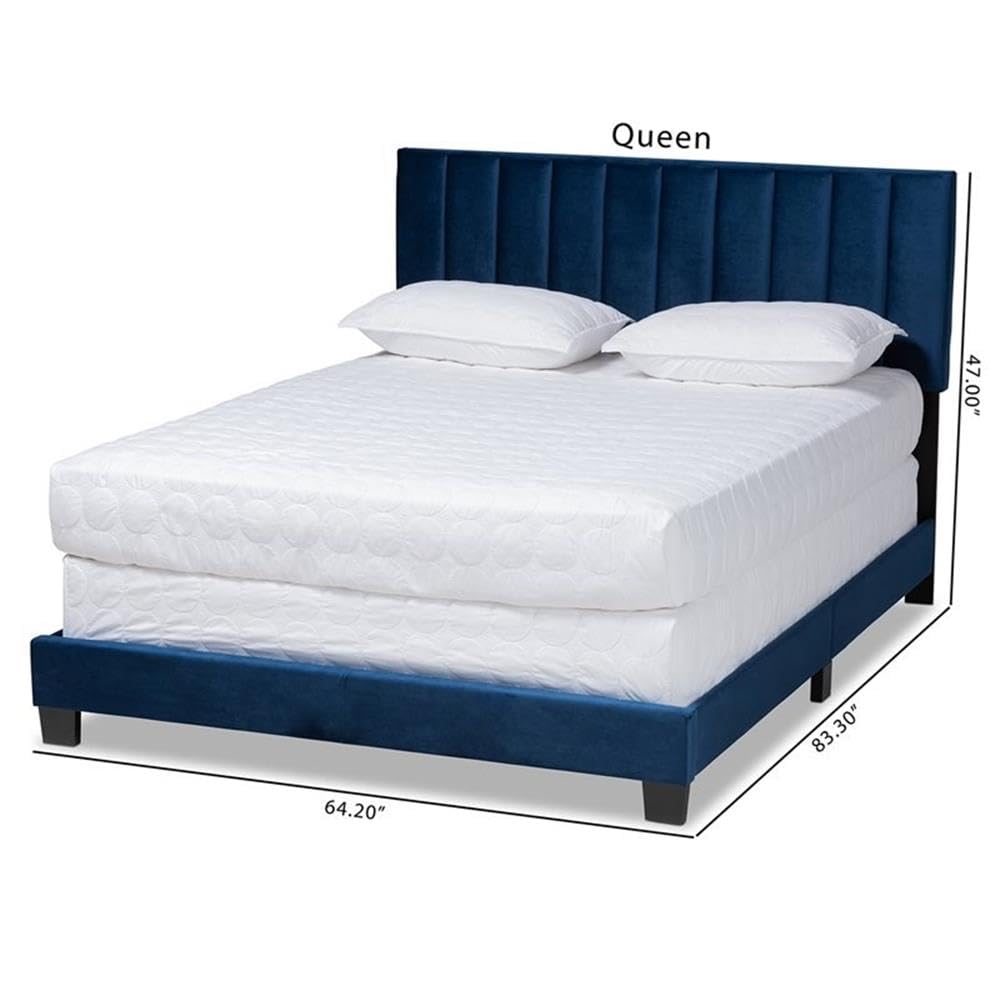 BOWERY HILL King Size Navy Blue Velvet Upholstered Panel Bed with Tufted Headboard - Luxurious Bedroom Furniture for Master Suite, Guest Room & Apartment Decor