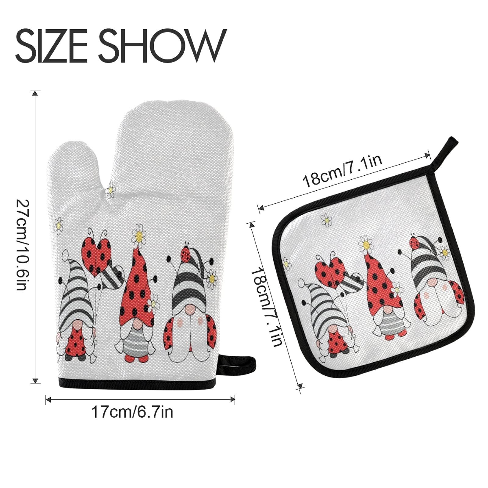 QUGRL Ladybug Gnomes Oven Mitts and Pot Holders Set - Heat Resistant Kitchen Gloves for Baking, Cooking & BBQ - Summer Garden Themed Hot Pads for Safe Cookware Handling