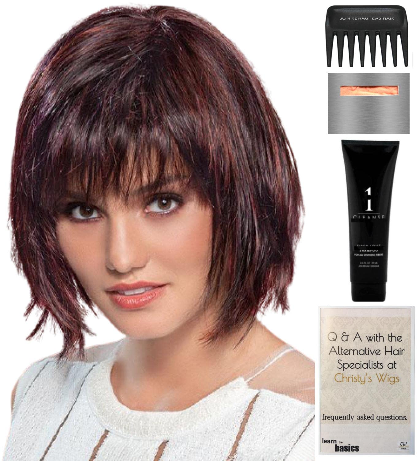 Ellen Wille Change Wig Bundle - 5 Piece Set with Dark Chocolate Mix Wig, Christy's Wigs Q&A Booklet, 2oz Travel Size Wig Shampoo, Wig Cap & Wide Tooth Comb | Perfect for Costumes, Cosplay & Everyday Wear