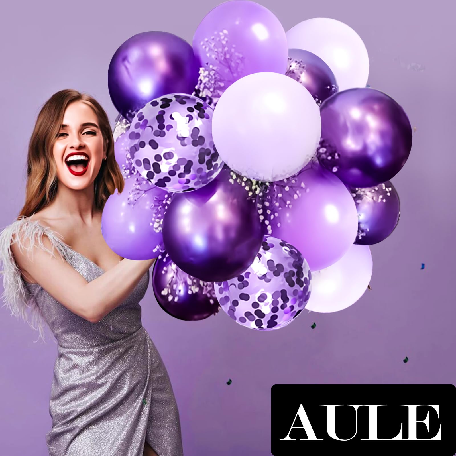 AULE Metallic Purple & Premium Latex Lavender Lilac Balloons (60 Pack, 12 Inches) with Purple Confetti Balloons & Ribbons Set - Perfect for Birthday, Bridal Shower, Wedding, Baby Shower & Party Decorations