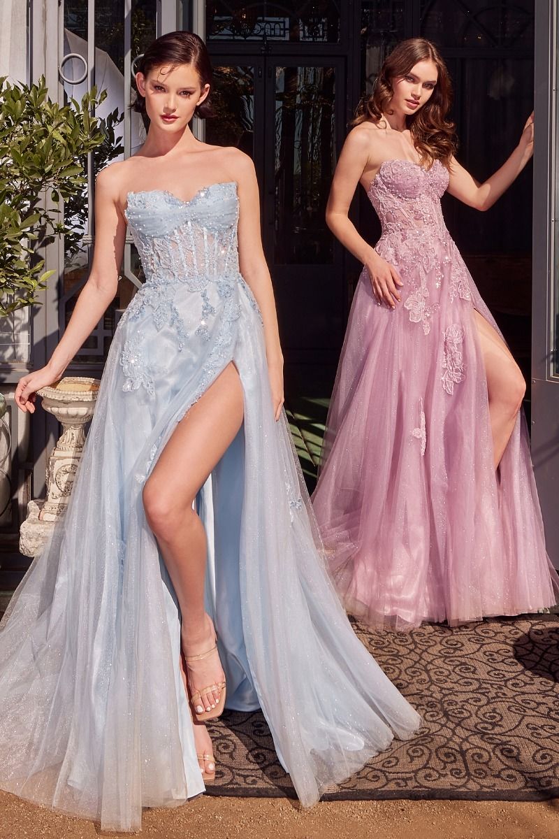 Elegant Strapless Layered Tulle Ball Gown Light Blue by Andrea & Leo - Perfect for Prom, Wedding, and Formal Events