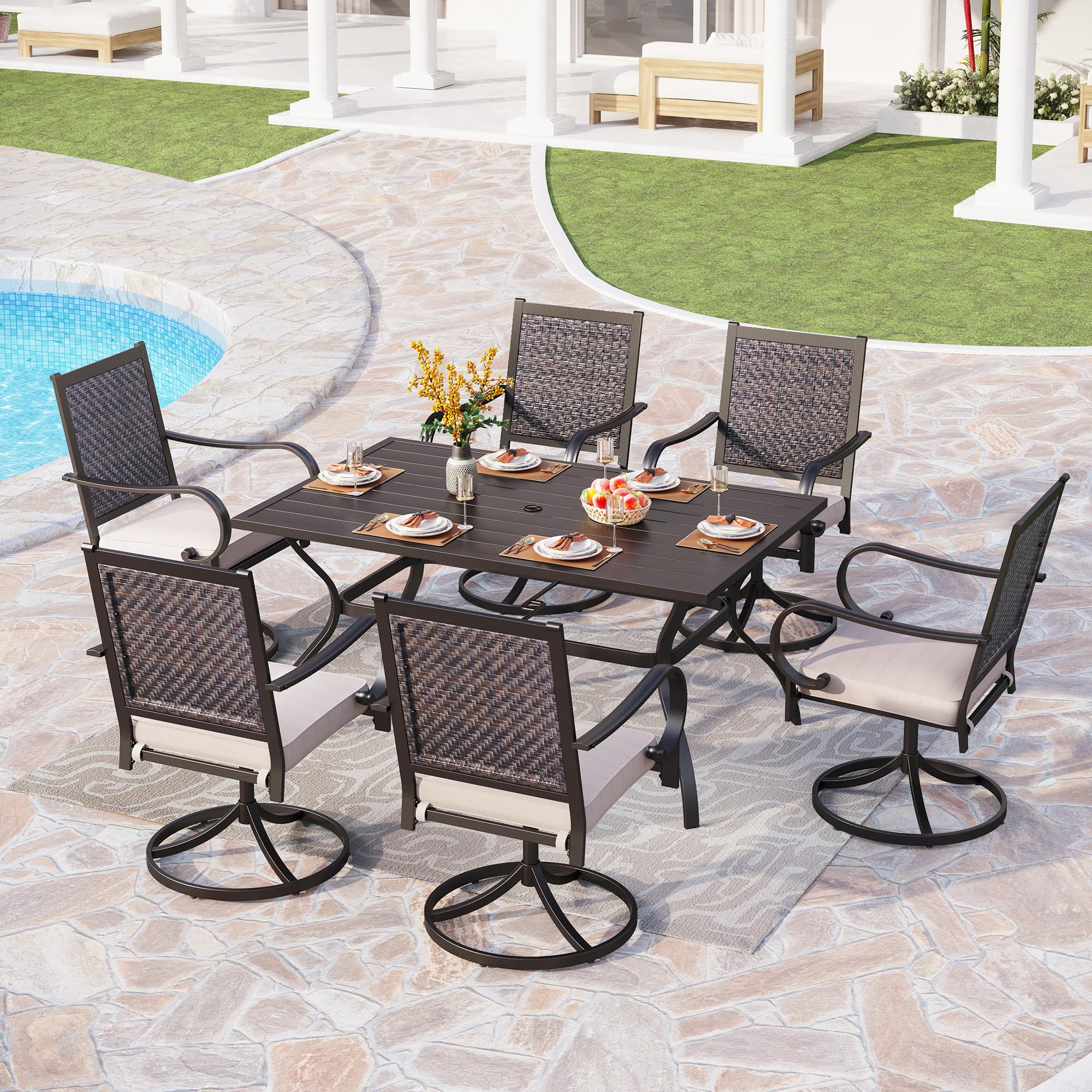 PHI VILLA 2-Piece Dark Brown Rattan Swivel Chairs with Cushions - Indoor/Outdoor Wicker Armchairs for Dining Room, Living Room, Patio, Porch, Yard & Deck - Modern Comfortable Seating for Relaxing & Entertaining