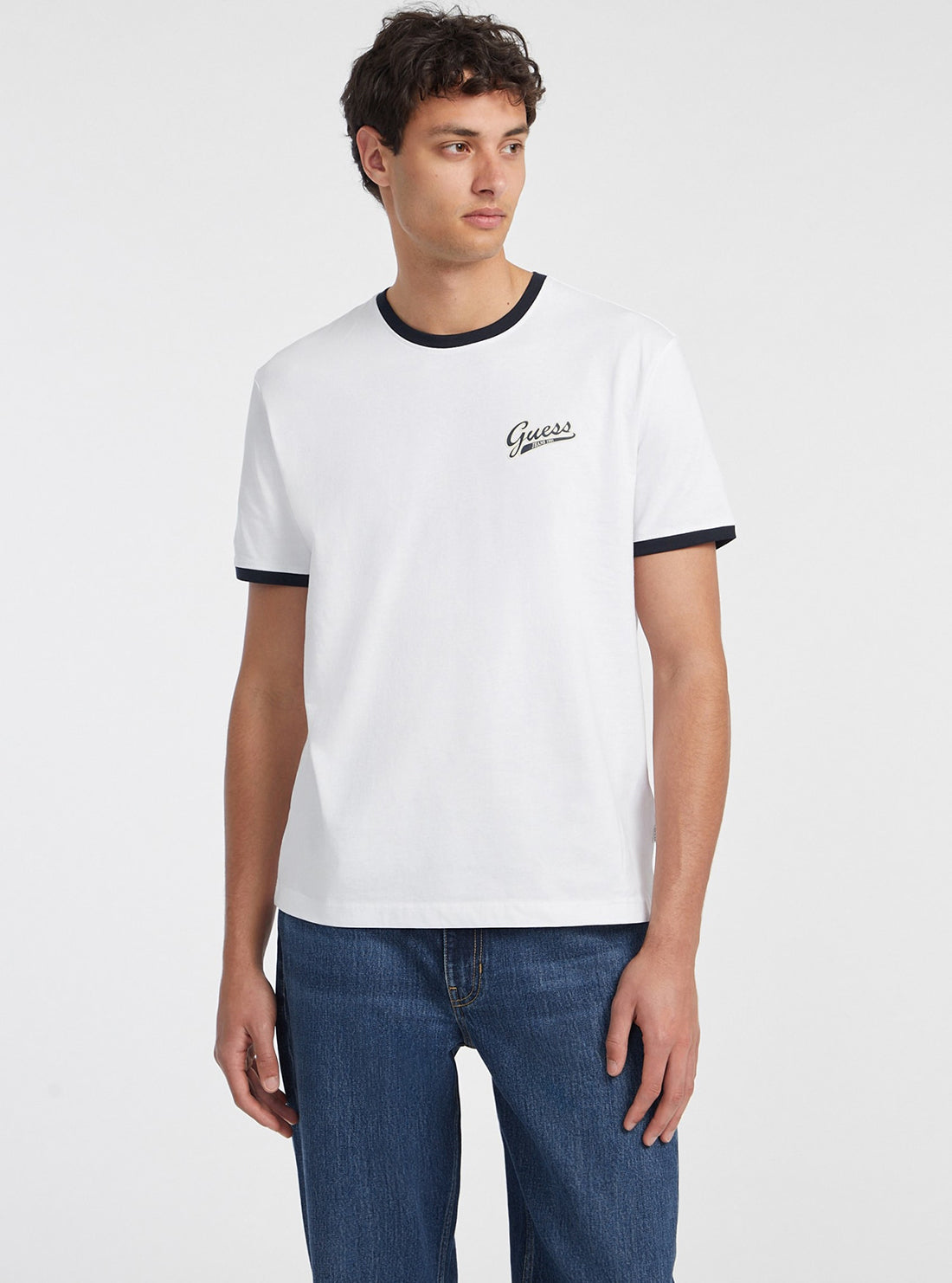 Guess Jeans White & Black Trim T-Shirt for Women - Stylish Casual Tee for Everyday Wear, Outings & Layering