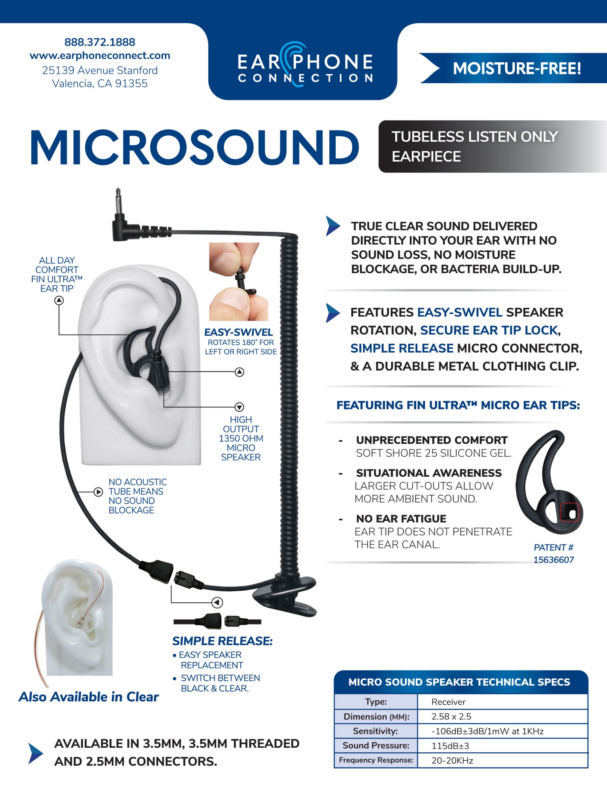 EP MS1A B Micro Sound 1A Tubeless Invisible Listening Earpiece - Black 3.5mm Jack, Zero Sound Loss - Perfect for Covert Surveillance, Security Work & Discreet Communication