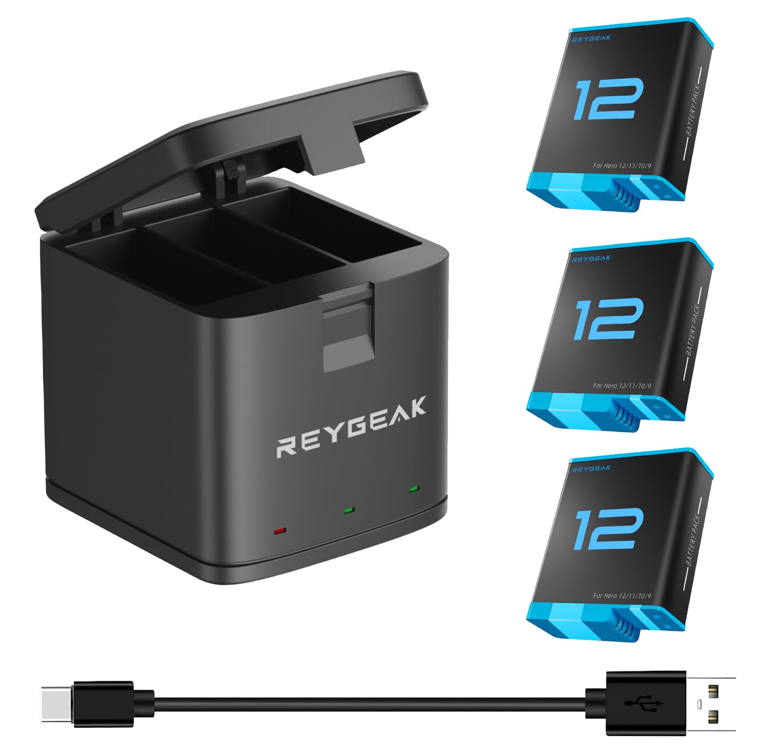 REYGEAK 3-Channel Portable Battery Charger with 3 Rechargeable Batteries for GoPro Hero 12/11/10/9 Black - Fast Charging Storage Solution for Travel, Vlogging & Outdoor Adventures