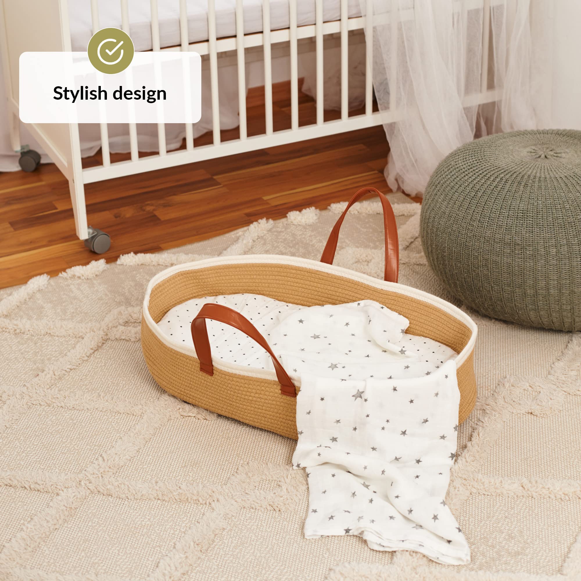 Organic Cotton Moses Baby Basket with Soft Muslin Blanket - Portable Infant Changing Basket for Nursery & Travel - Breathable Woven Bassinet with Removable Pad - Perfect for Newborn Sleep, Diaper Changes & On-the-Go Parenting