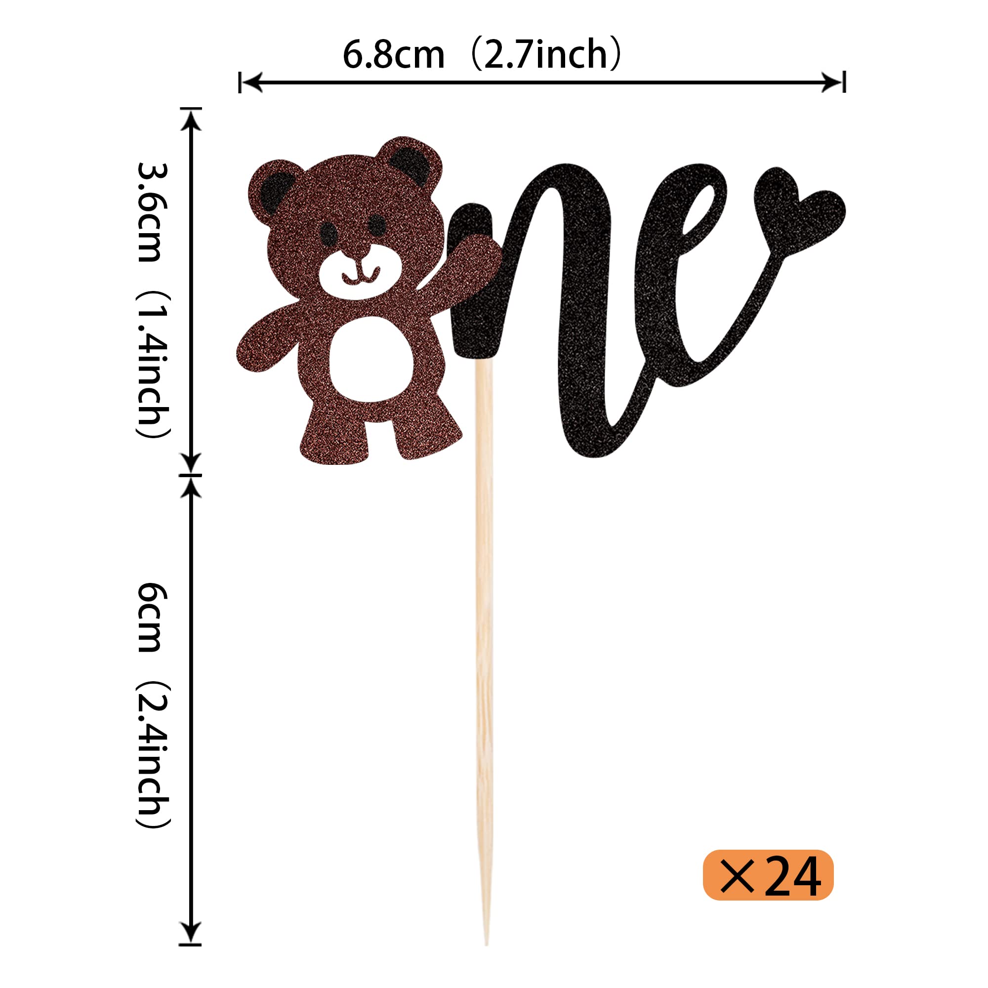 24 Pack Glitter Bear Cupcake Toppers - Baby First Birthday, Baby Shower Cake Decorations - 1st Birthday Party Supplies for Kids - Perfect for Birthday Cakes, Cupcakes, and Dessert Table Decorations