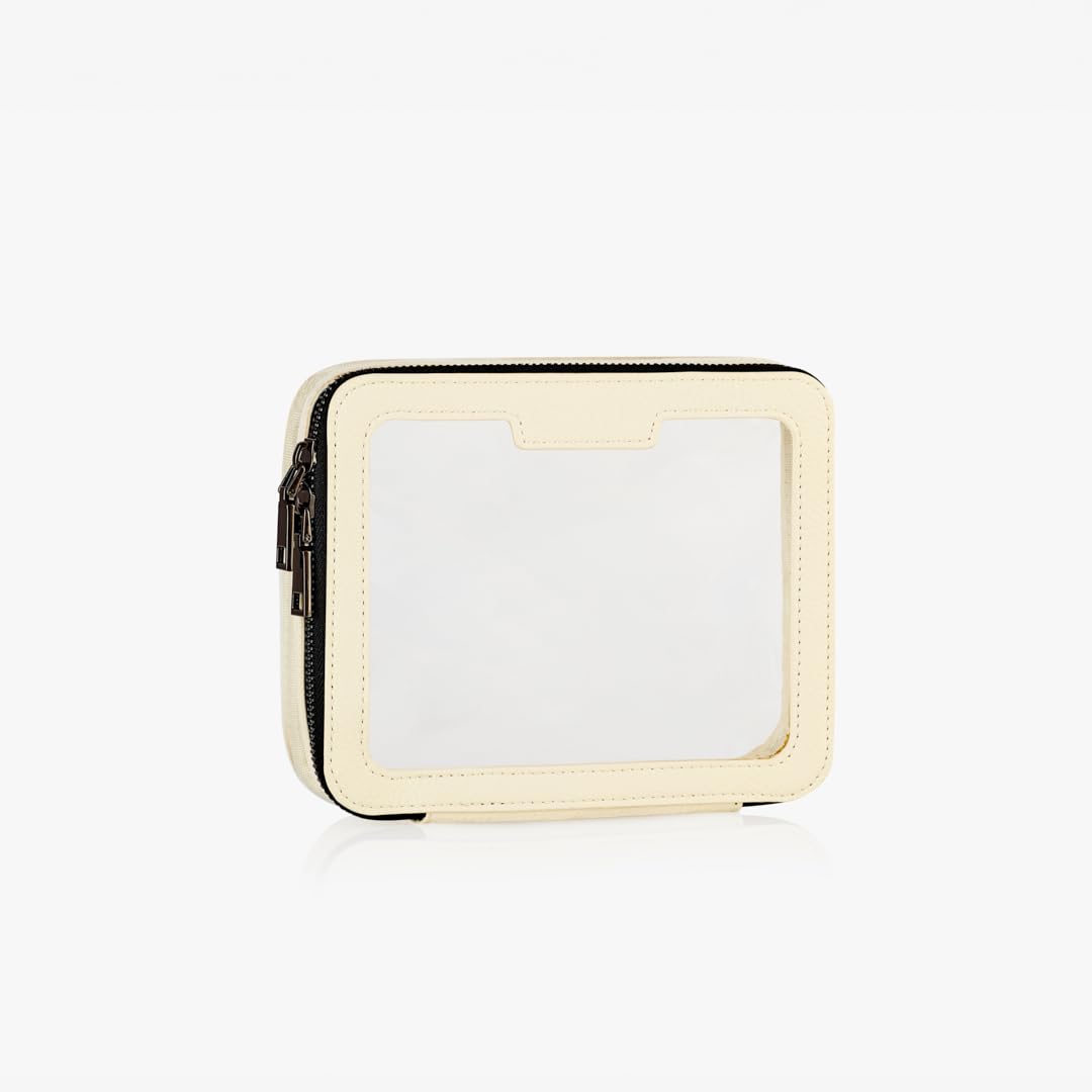 Vegan Leather Cream Toiletry Bag - Waterproof Clear PVC Zippered Cosmetic Makeup Wash Bag Organizer for Travel, Bathroom, Gym, and Daily Use - Perfect for Men and Women