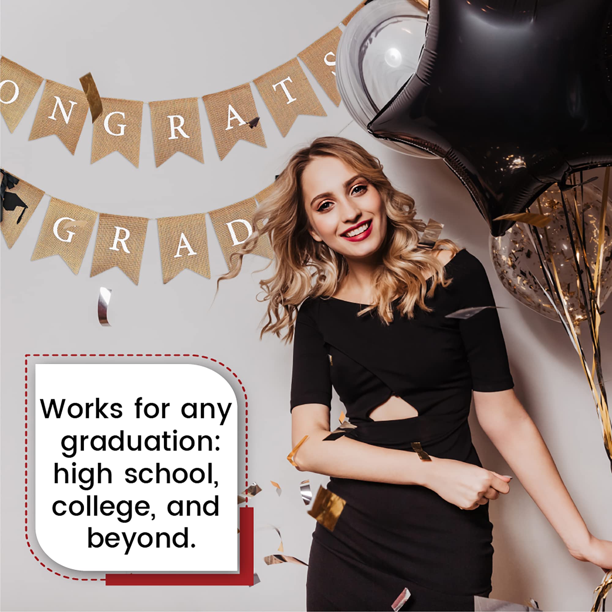 Mandala Crafts Burlap Graduation Banner - Congrats Grad Decor for Graduation Party, Ceremony & Photo Backdrop - Hanging Garland Bunting Flag Sign for High School & College Celebrations