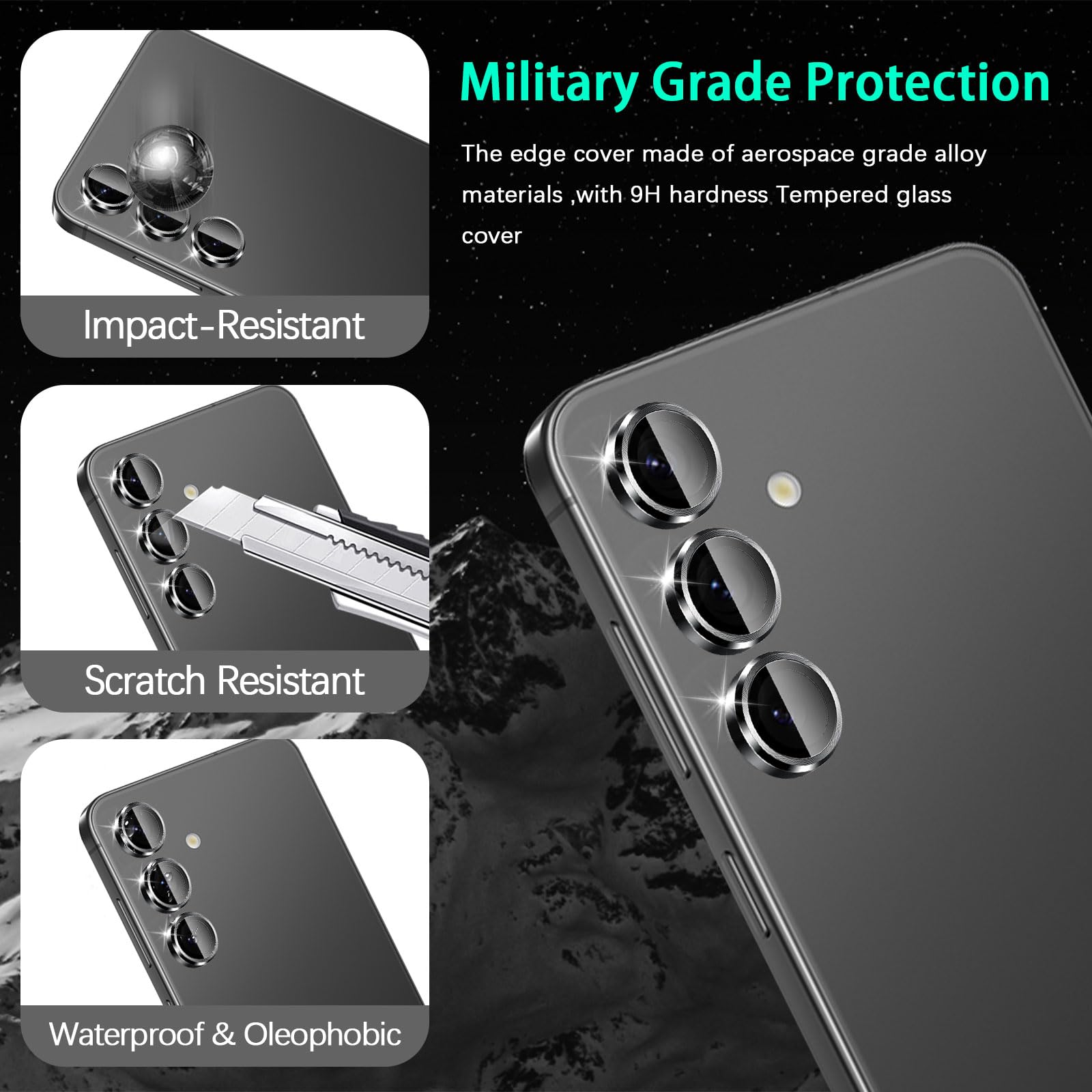 Aerku Camera Lens Protector for Samsung Galaxy S24 5G - Tempered Glass, HD Clear Scratch-Resistant, 9H Hardness Aluminum Frame - Anti-Scratch Screen Protector Compatible with All Phone Cases (Black) - Perfect for Outdoor Photography & Daily Protection
