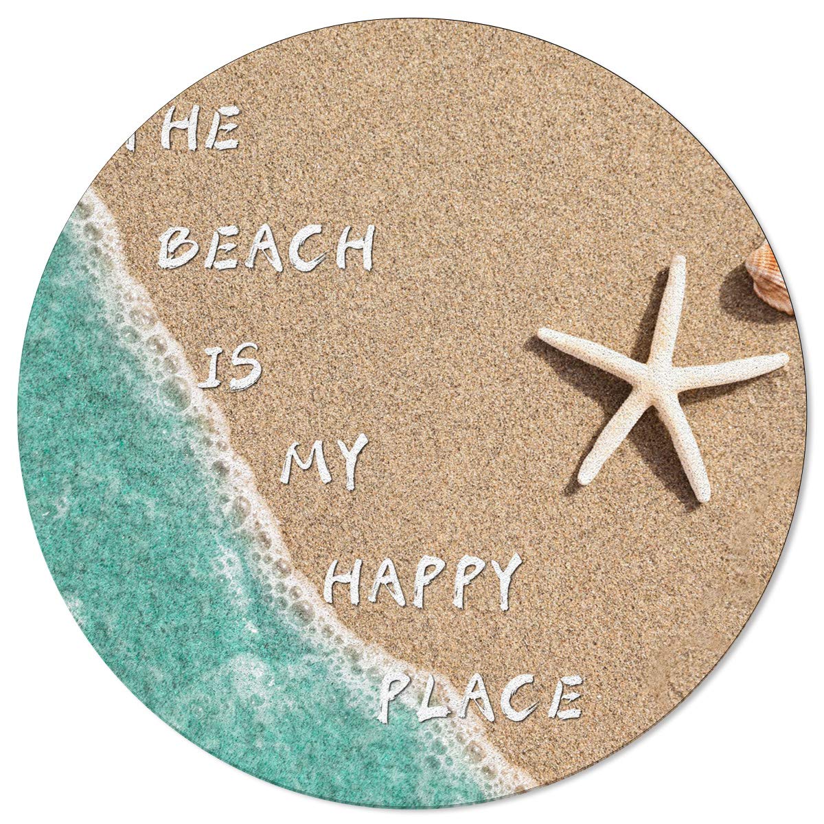 OneHoney 6ft Round Area Rug - Coastal Beach Sand Starfish Design, Non-Slip Indoor Circle Carpet for Entryway, Living Room, Bedroom & Yoga | Perfect for Beach House Decor, Boho Home Style & Meditation Space