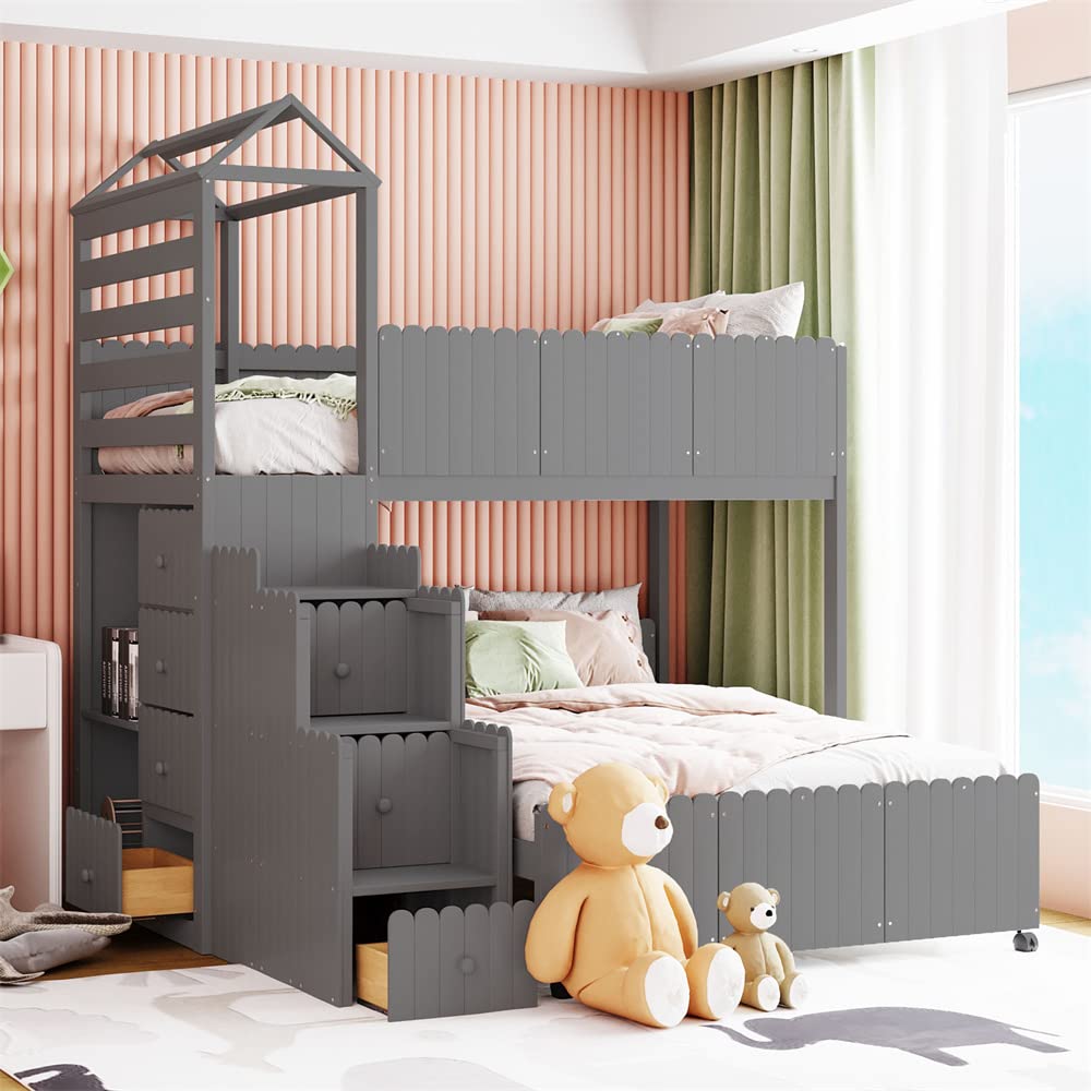 Solid Wood Twin Over Full Bunk Bed with Storage - 7 Drawers, 2 Shelves & Safety Guardrails - Space-Saving Low Loft Design with Staircase & Roof - No Box Spring Needed - Gray - Perfect for Kids' Bedrooms, Guest Rooms & Small Spaces