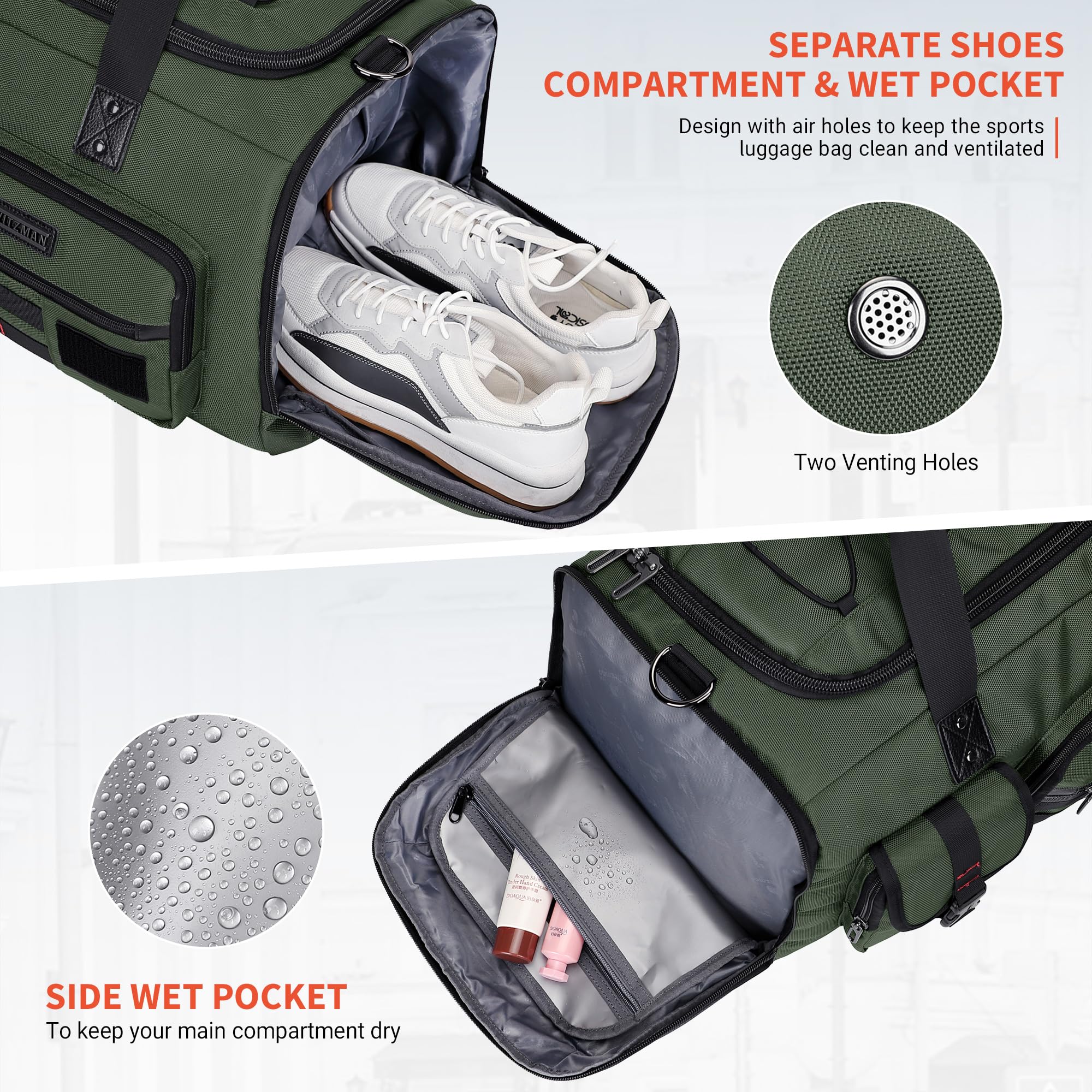 WITZMAN Men's Large Travel Duffel Bag - 3-in-1 Carry On Weekender Overnight Bag with Shoe Compartment (Army Green B693) | Perfect for Gym, Business Trips & Weekend Getaways