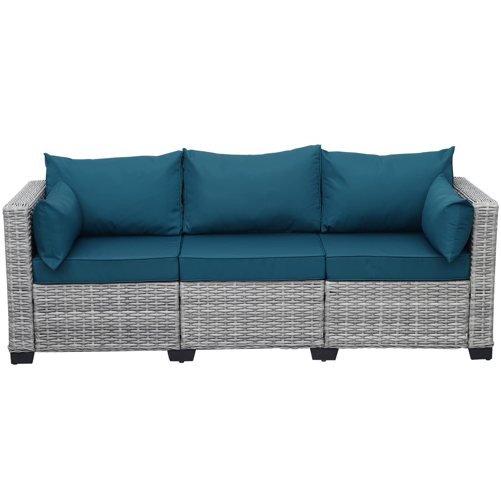 Rattaner 3-Piece Grey Wicker Patio Furniture Set - Waterproof Outdoor Couch with Deep Seat & High Backrest, Anti-Slip Cushions (Peacock Blue) - Perfect for Poolside, Garden, Deck, and Backyard Relaxation