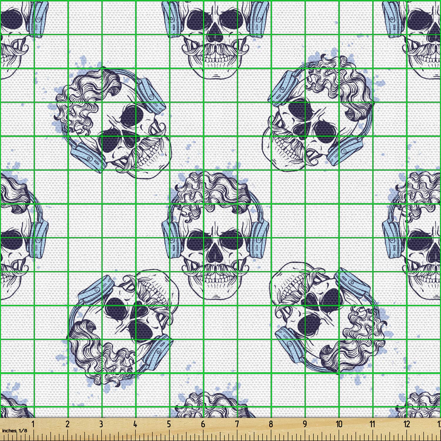 Ambesonne Hipster Fabric by The Yard - Outline Skull with Headphones Print, Indigo Sky Decorative Cotton Fabric for Upholstery, DIY Crafts, Home Decor (10 Yards) | Perfect for Pillow Covers, Curtains & Bohemian Style Home Accents