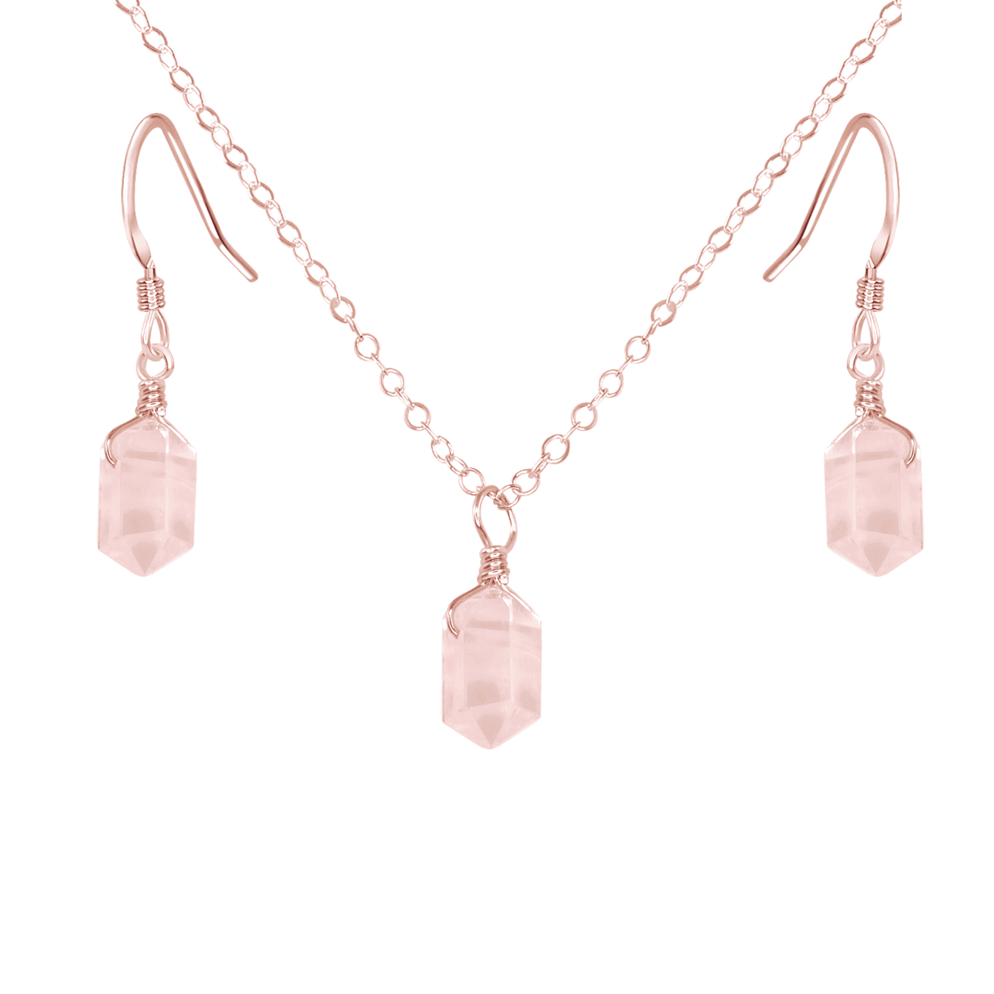 Rose Quartz Double Terminated Crystal Jewelry Set - Healing Stone Necklace & Earrings for Women - Perfect for Meditation, Energy Healing & Spiritual Gifts