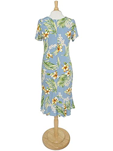 Tuberose Blue Rayon Short Sleeve Midi Hawaiian Dress | Floral Summer Beach Dress for Women | Perfect for Vacation, Luau Party & Tropical Getaway