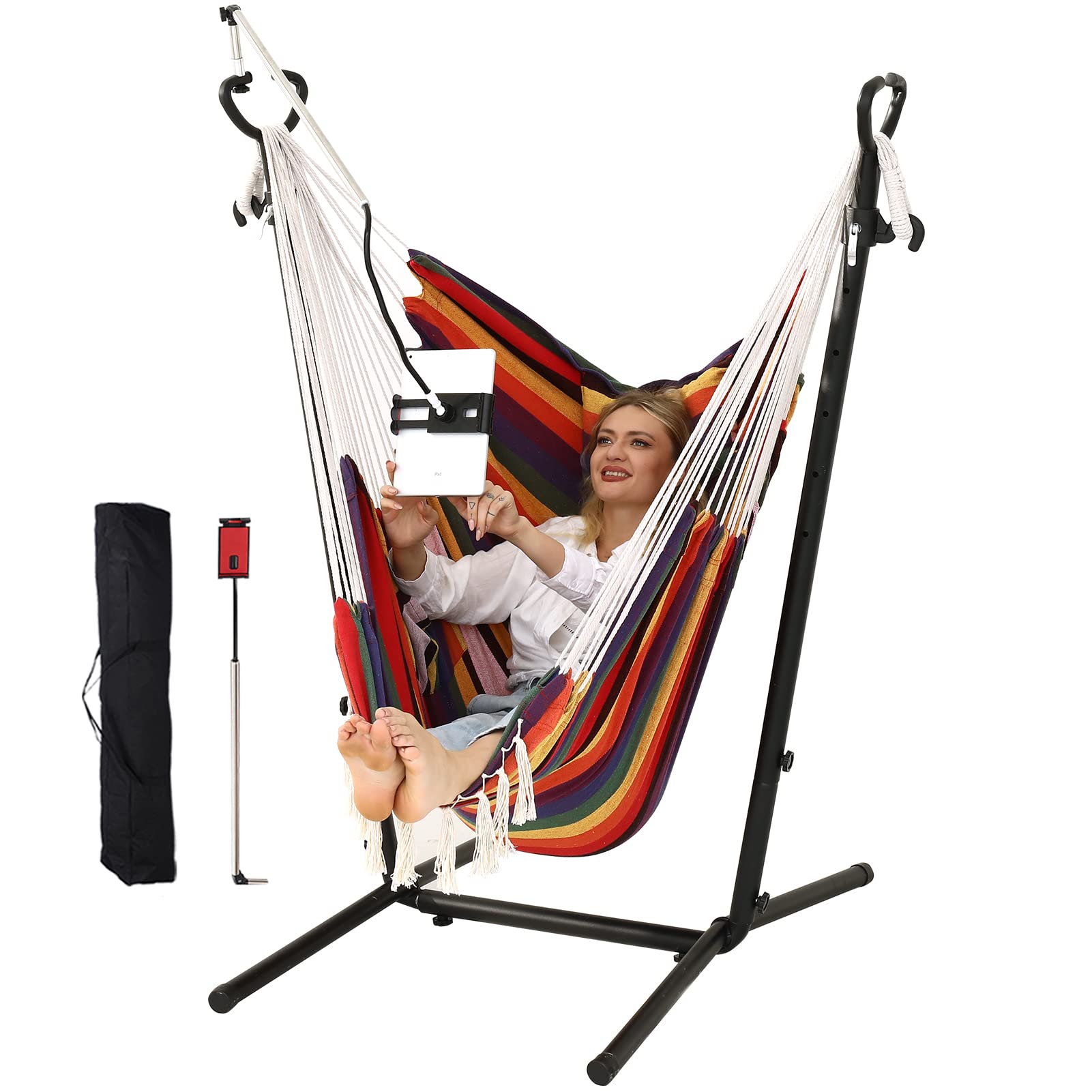 ZEYU Double Hammock Chair with Stand - Bohemian Style Hanging Swing Chair with Tassels & Phone Holder - 400lb Capacity Adjustable Indoor/Outdoor Hammock for Garden, Porch, Patio & Backyard Relaxation