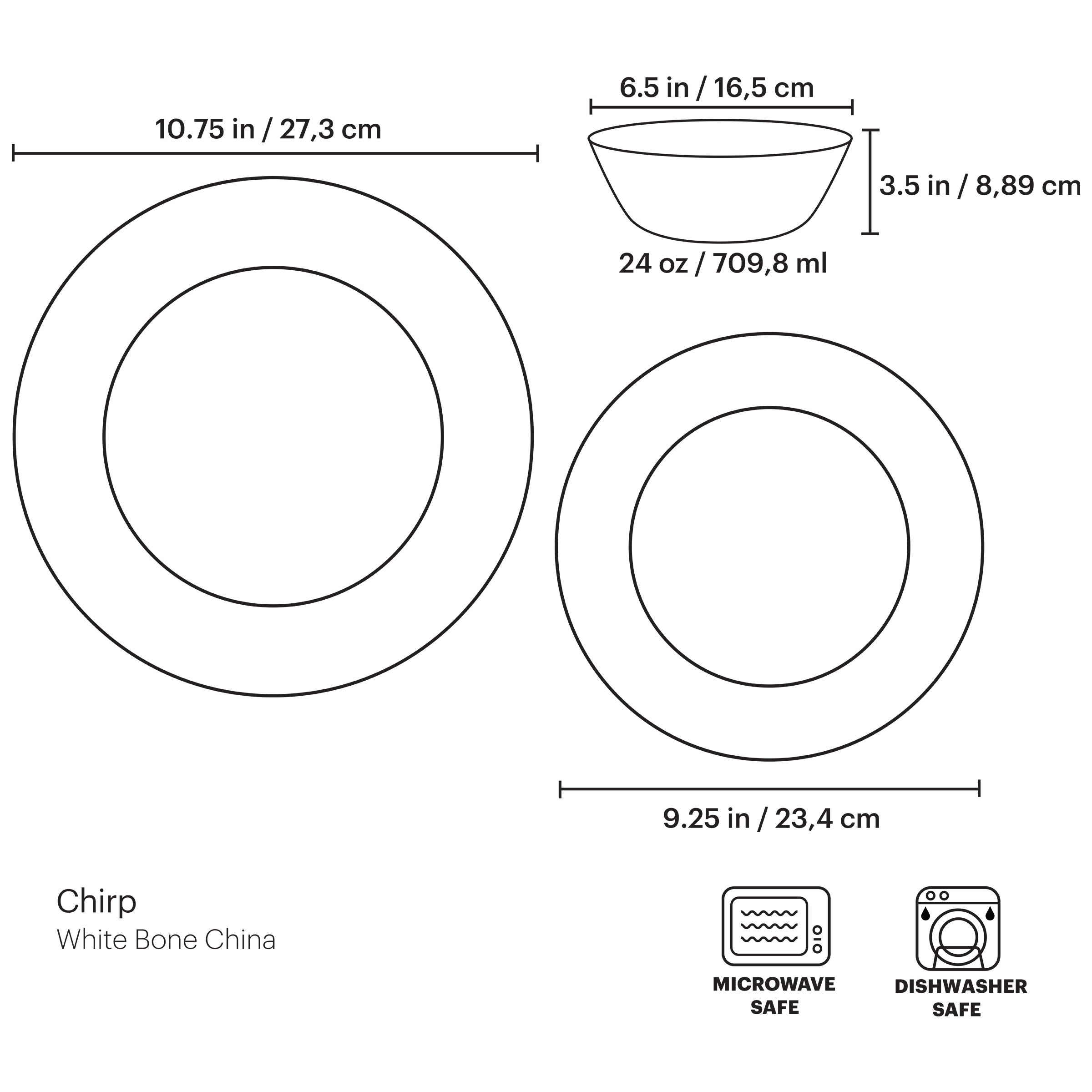 Chirp 12-Piece Dinnerware Set - Porcelain Dinner Plates, Bowls & Mugs for 4 - Elegant Tableware for Everyday Dining & Entertaining