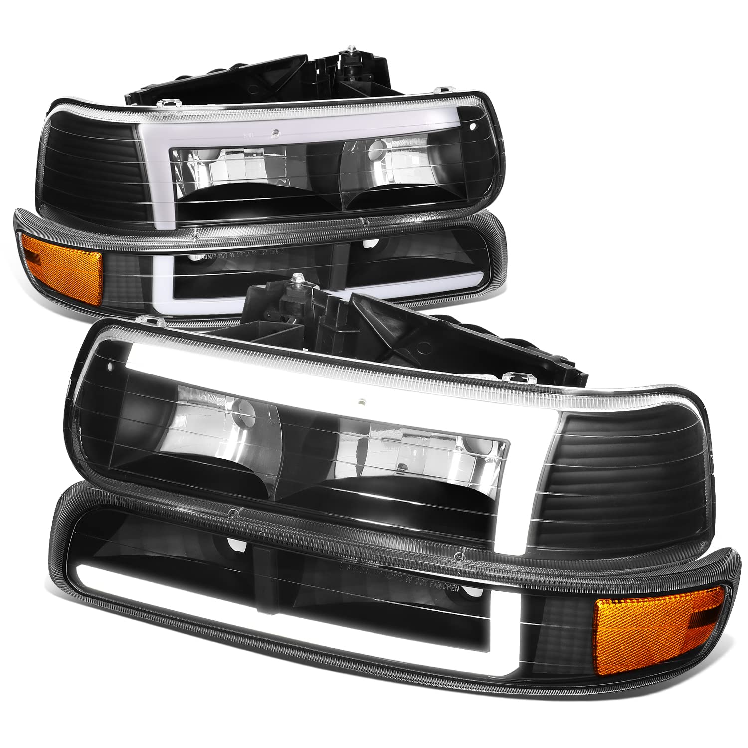 4Pcs 3D LED DRL Headlights for Chevy Silverado 99-06 - Black Housing Amber Corner - Daytime Running Lights